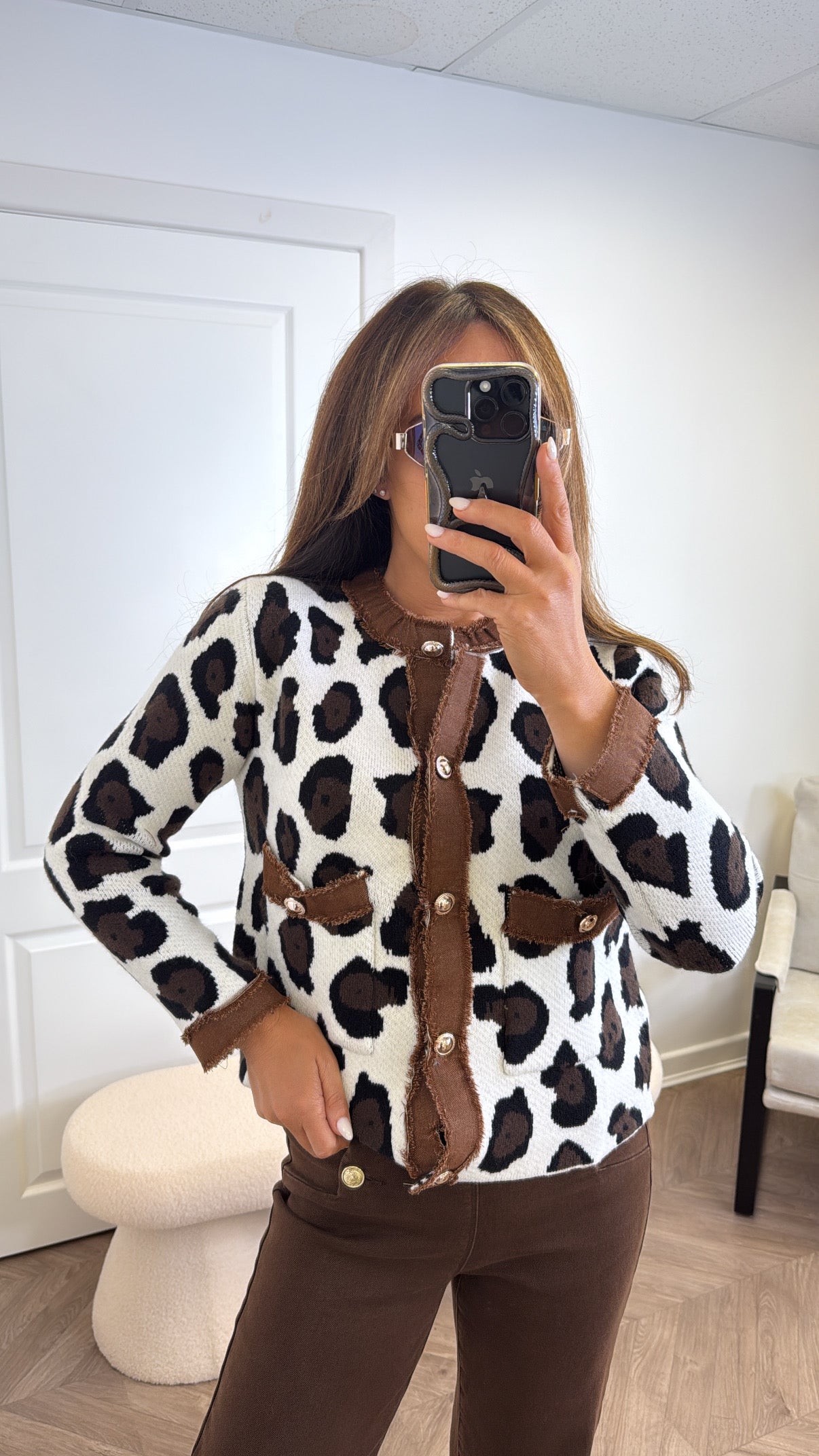 KENDELL white leopard gold button knitted cardigan