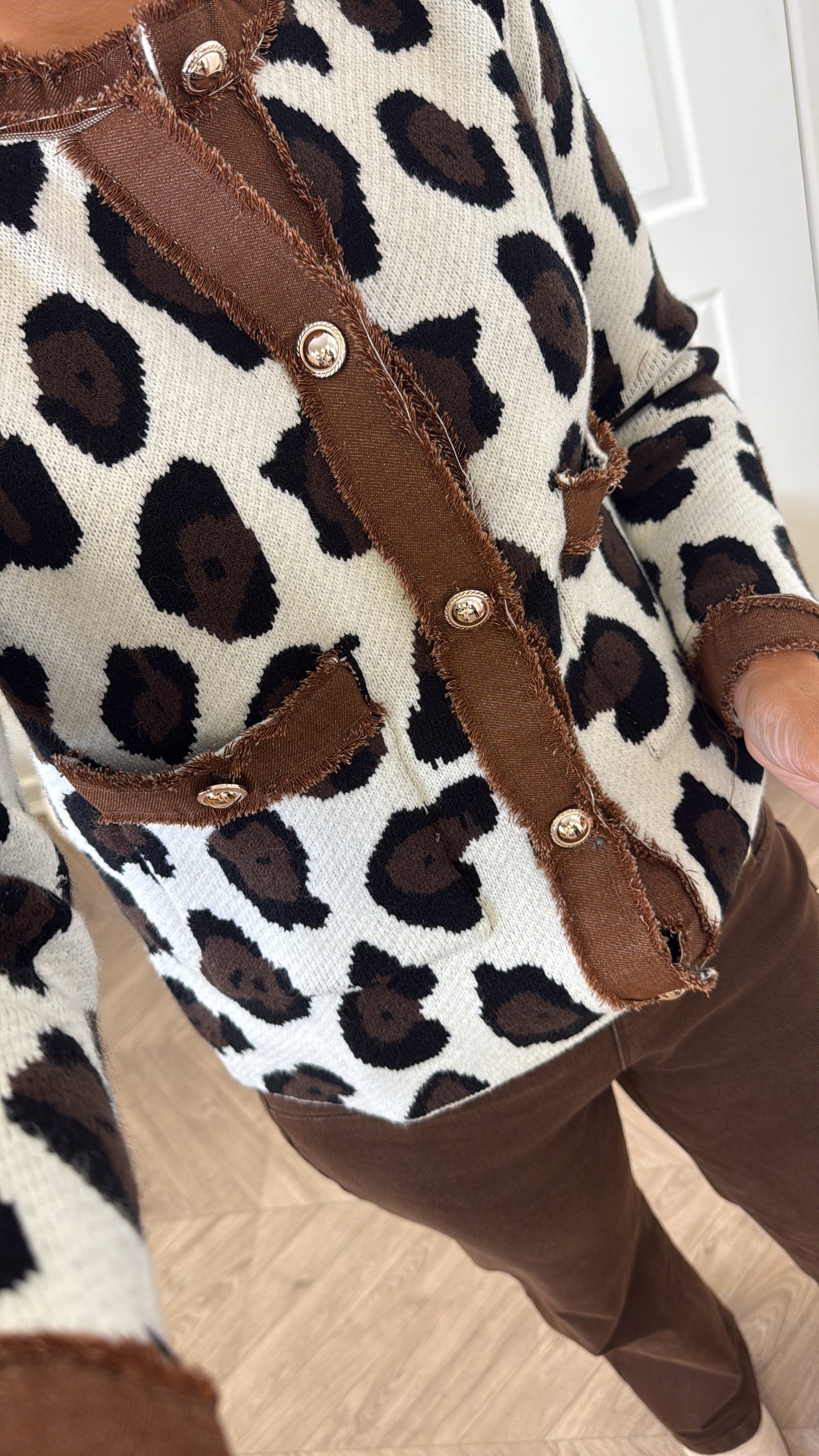 KENDELL white leopard gold button knitted cardigan