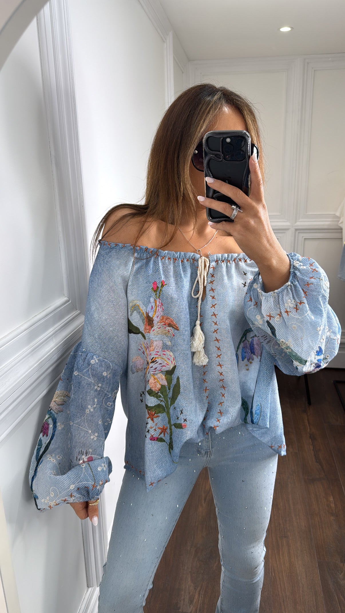 HARPER blue off the shoulder floral detail top