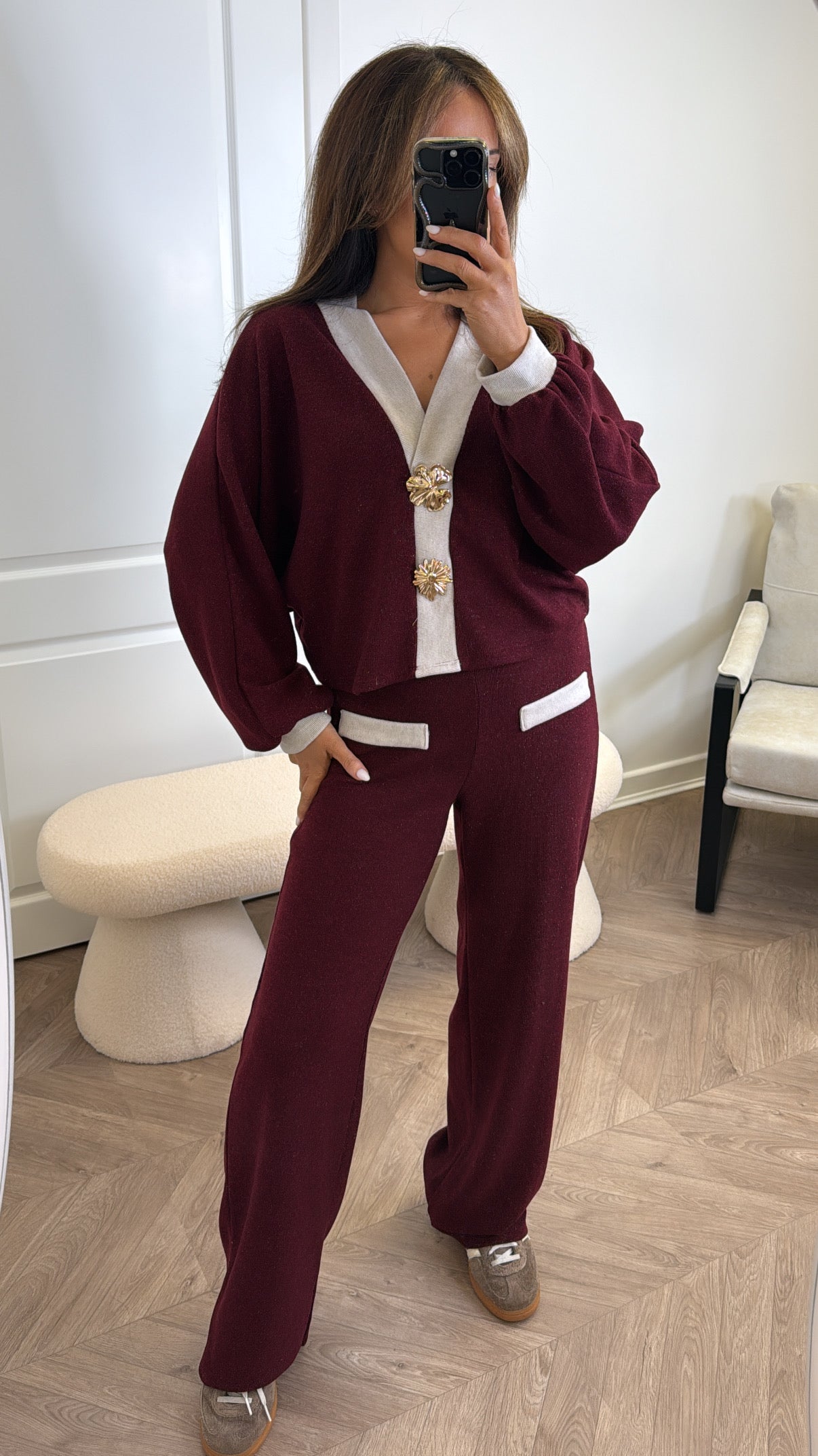 NOVA burgundy v-neck top and trousers co-ord set