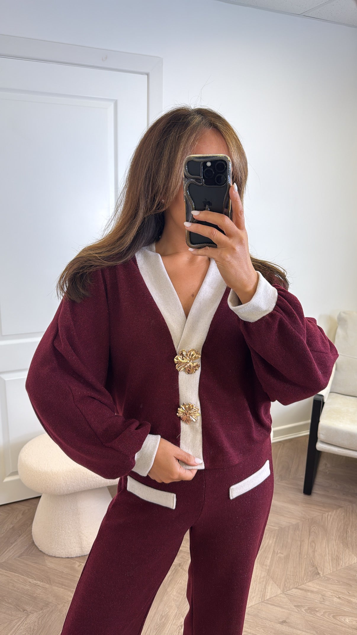 NOVA burgundy v-neck top and trousers co-ord set