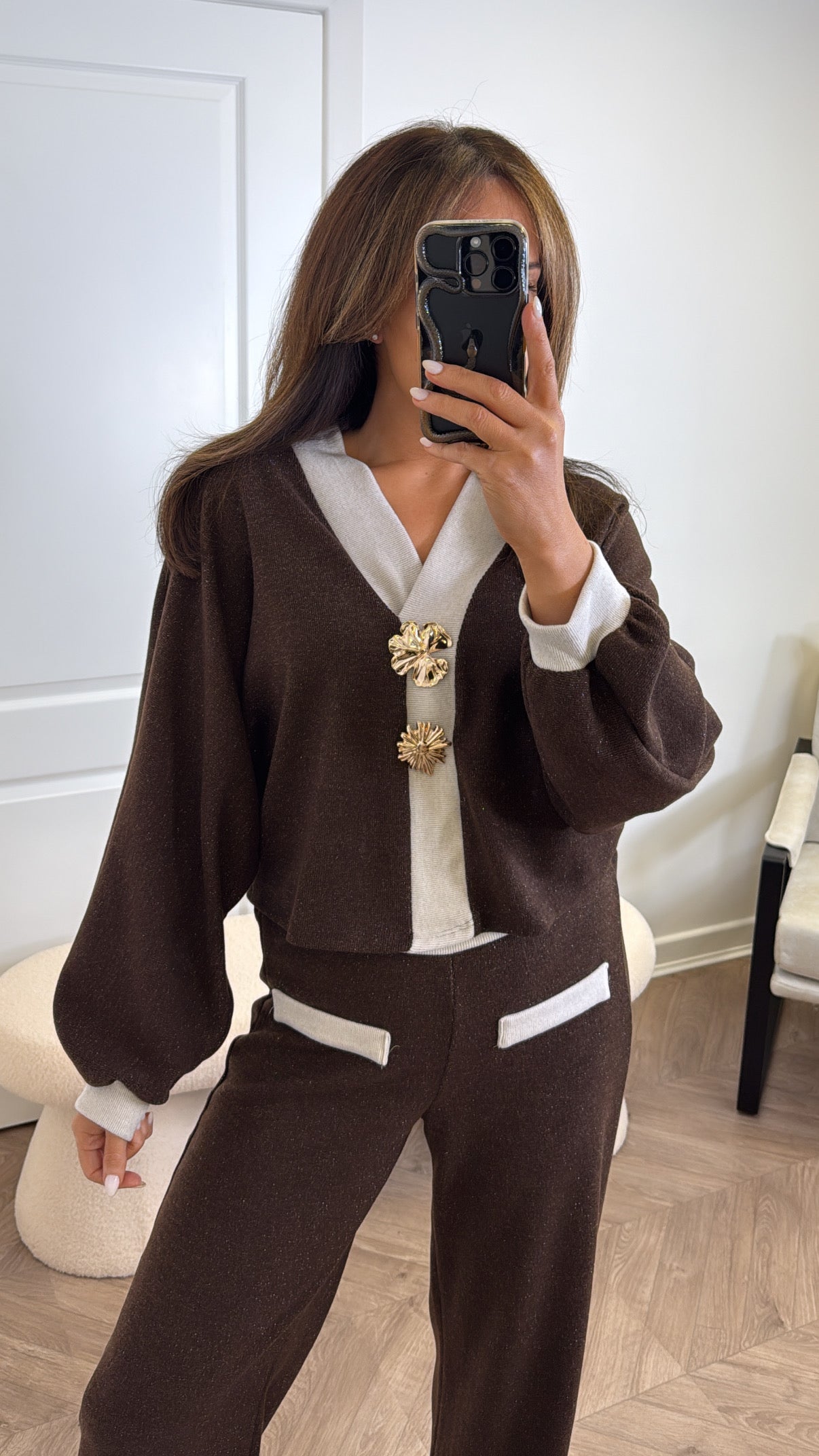 NOVA brown v-neck top and trousers co-ord set