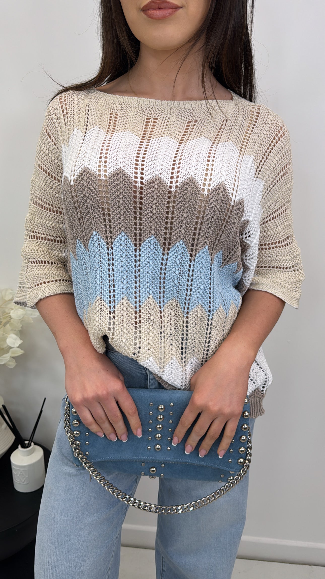 HAZEL beige crochet printed top