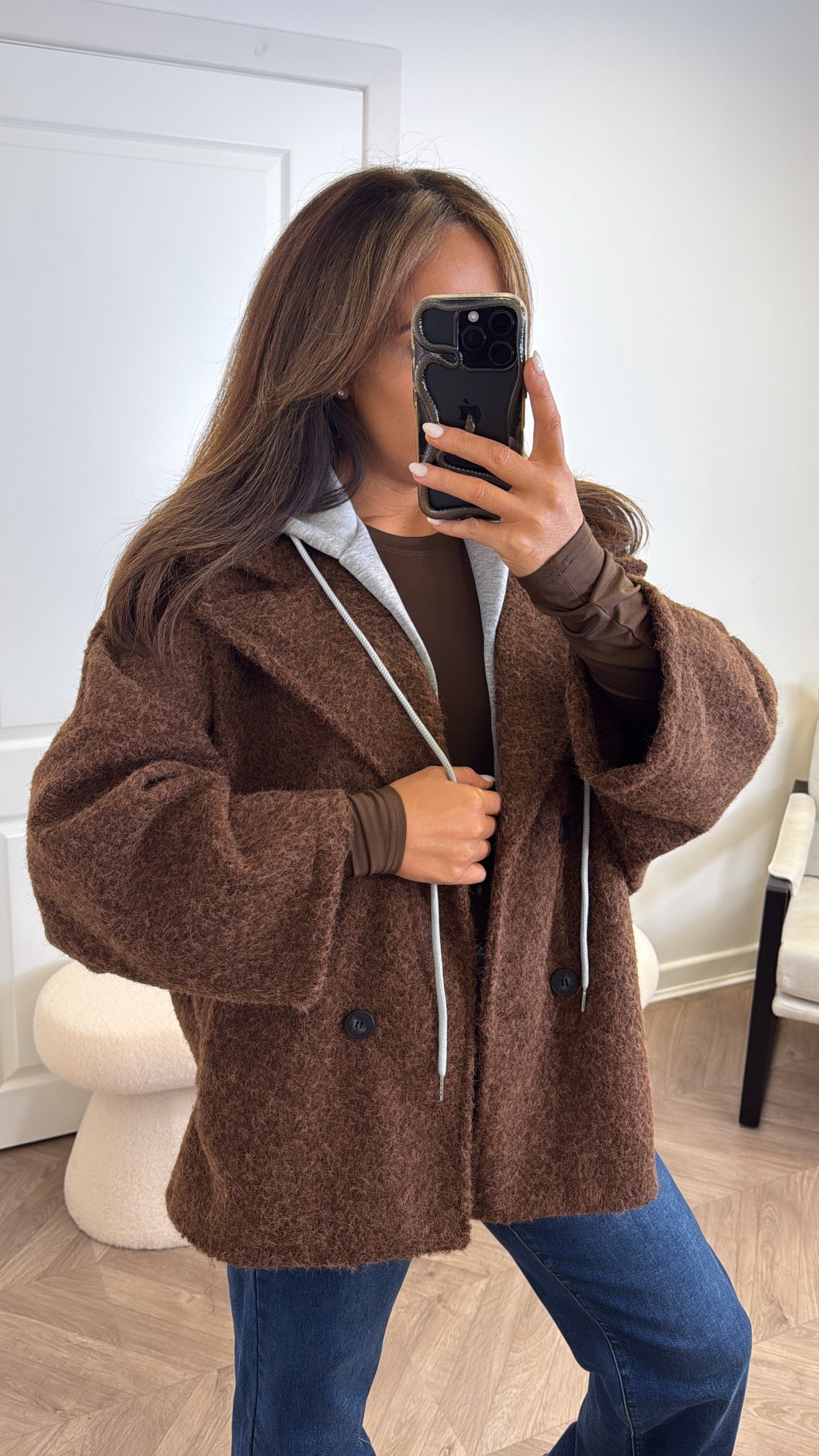 BREA brown short duster jacket with integral hoody
