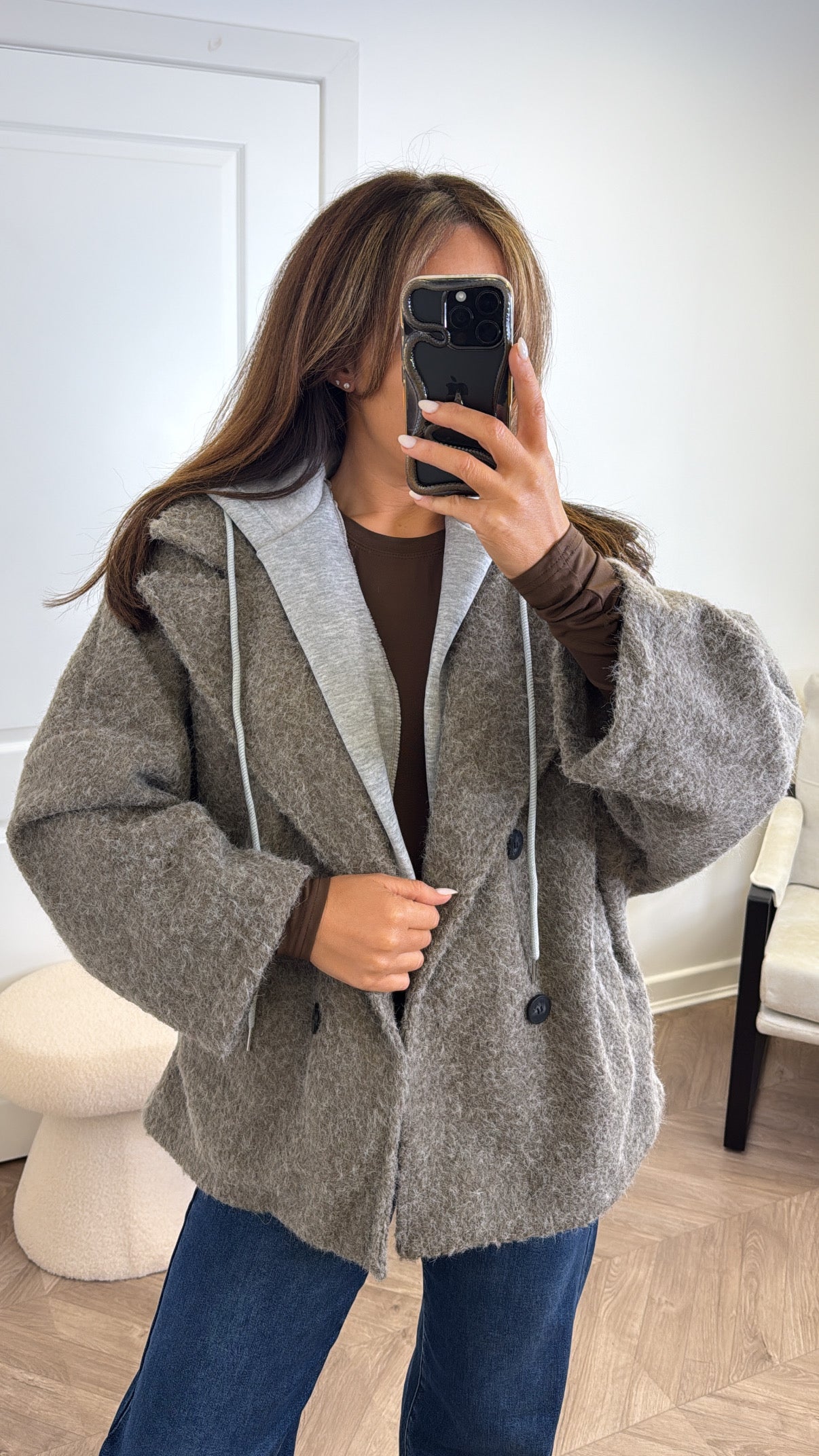 BREA mocha short duster jacket with integral hoody