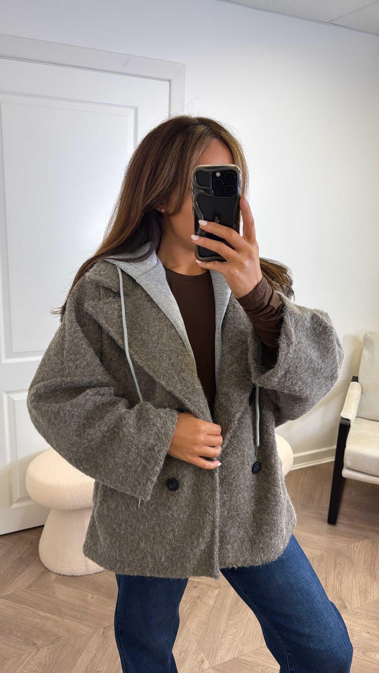BREA mocha short duster jacket with integral hoody