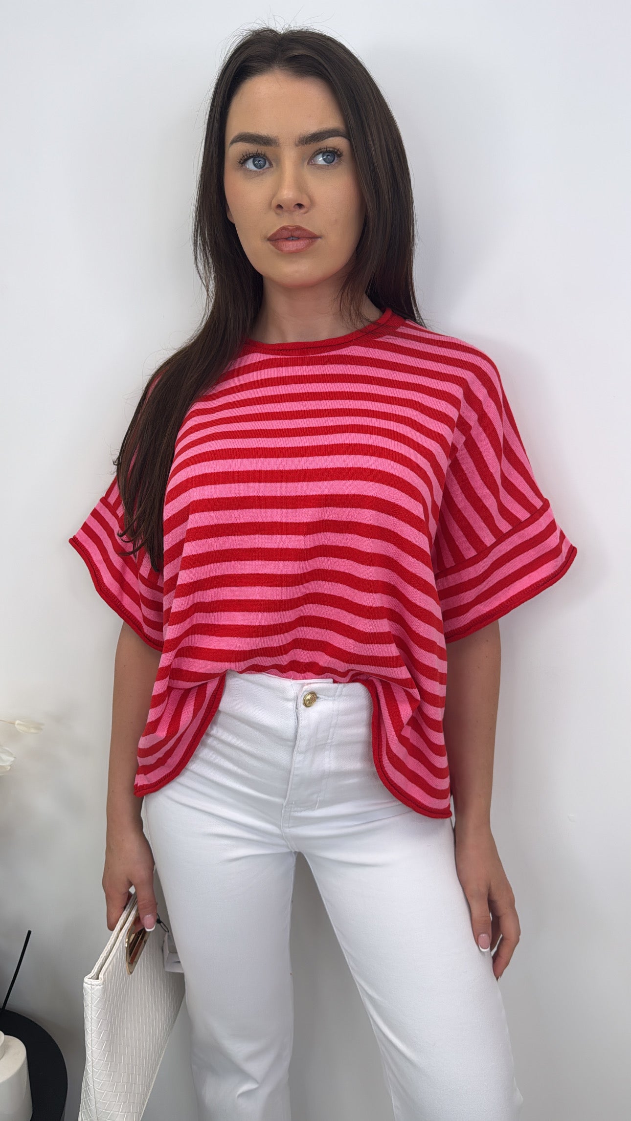 ZOE pink and red striped fine knit top