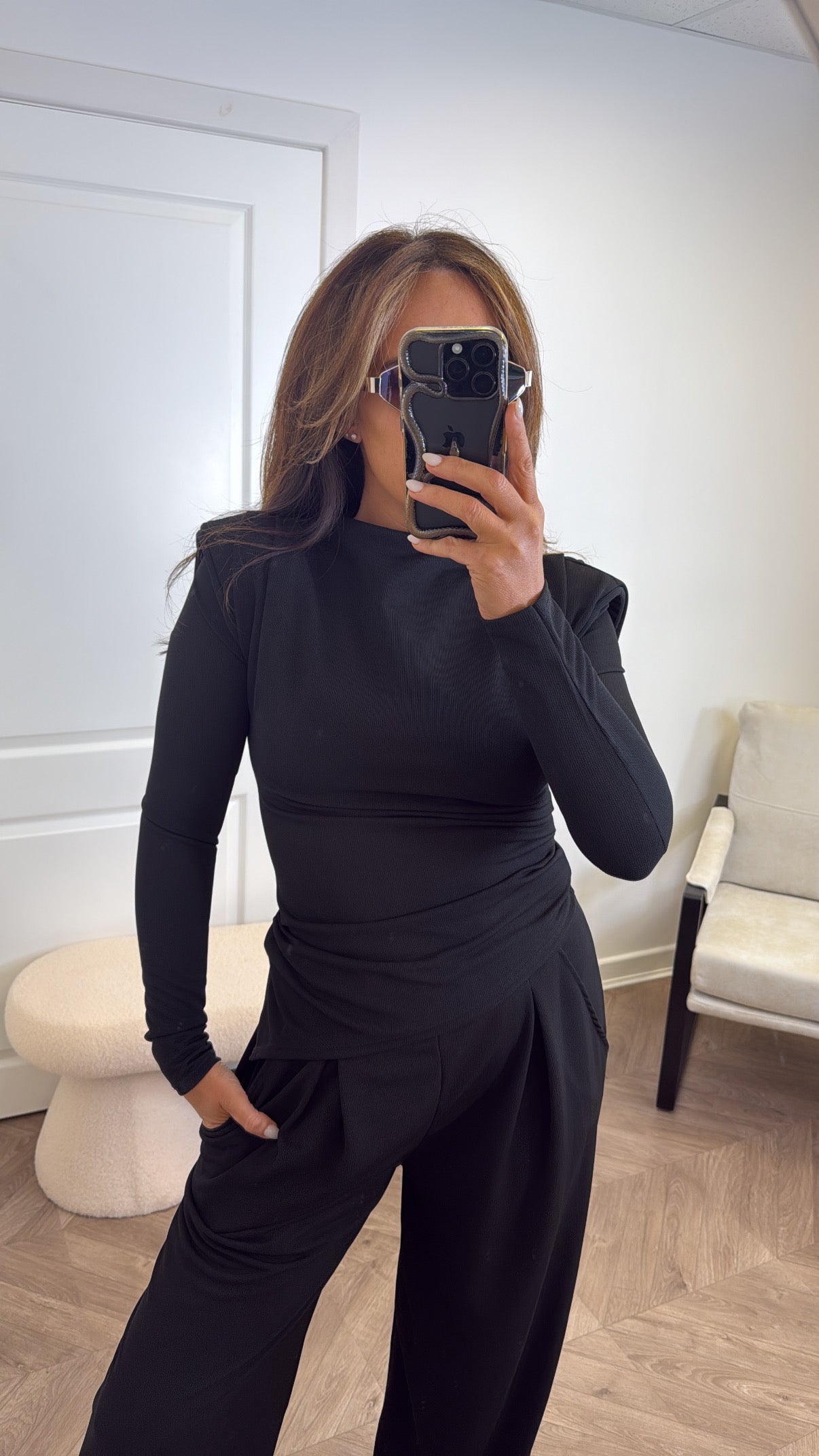 TASHA black asymmetric long sleeve top and trousers co-ord