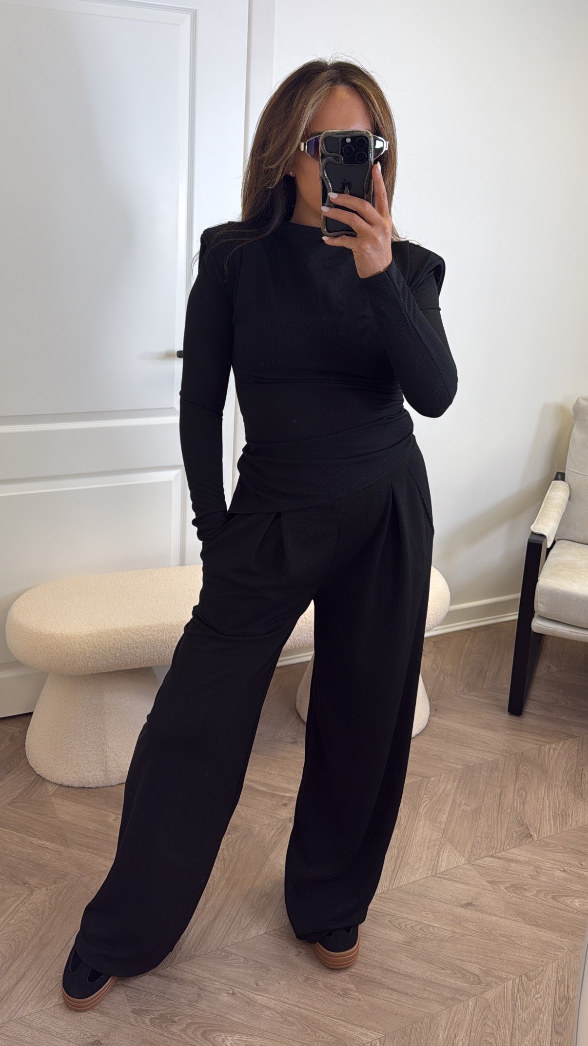 TASHA black asymmetric long sleeve top and trousers co-ord