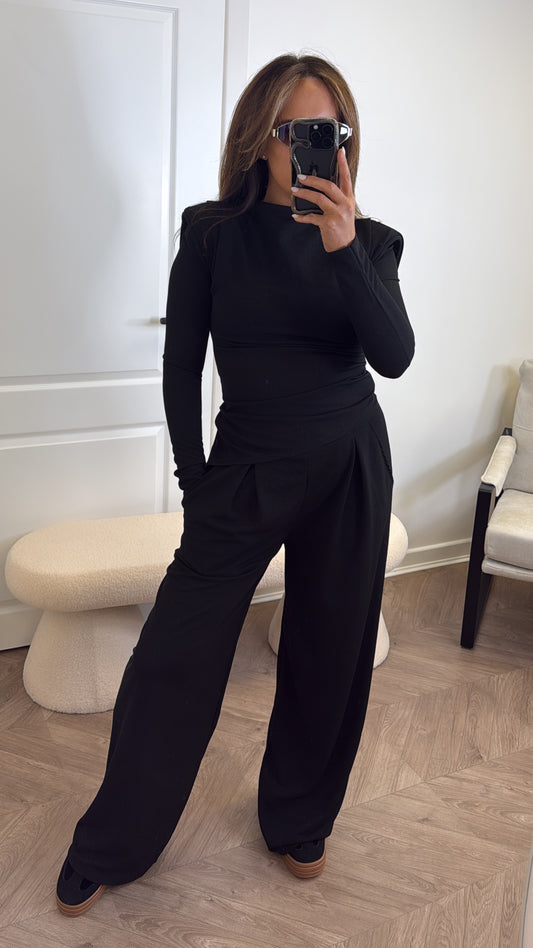 TASHA black asymmetric long sleeve top and trousers co-ord