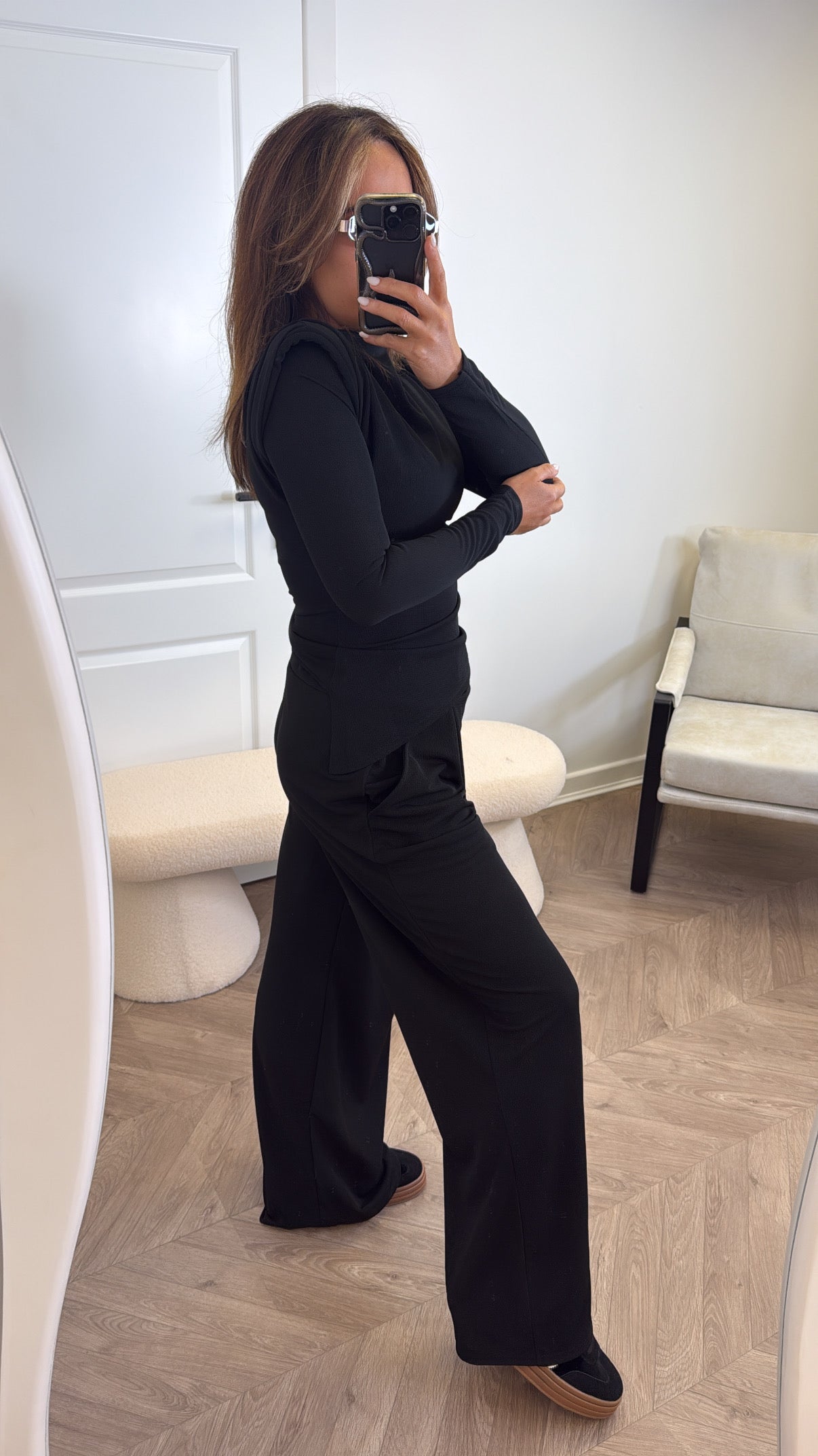 TASHA black asymmetric long sleeve top and trousers co-ord