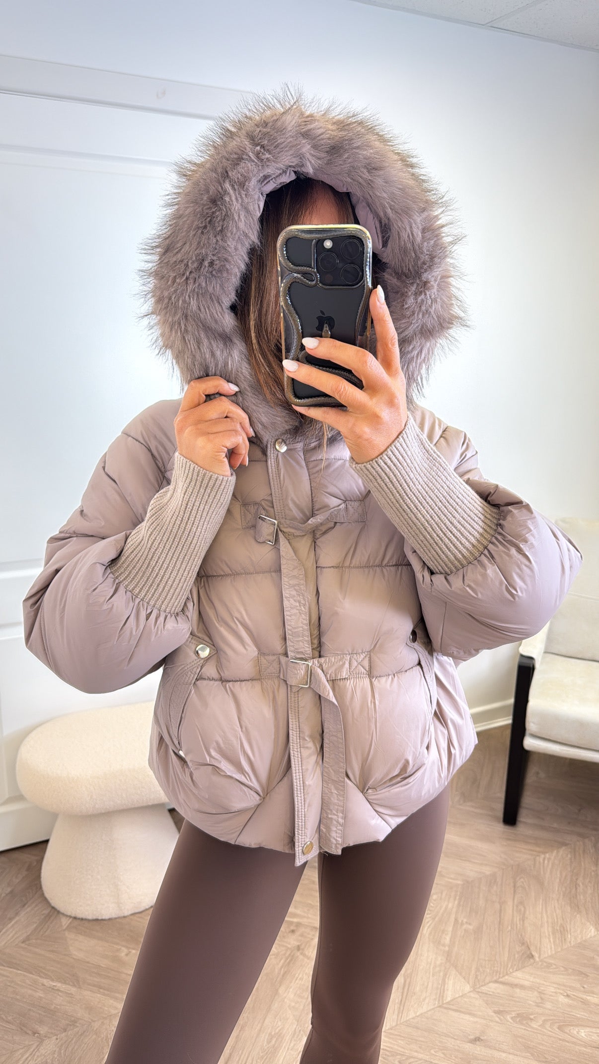 AMBER mocha puffer jacket with faux fur