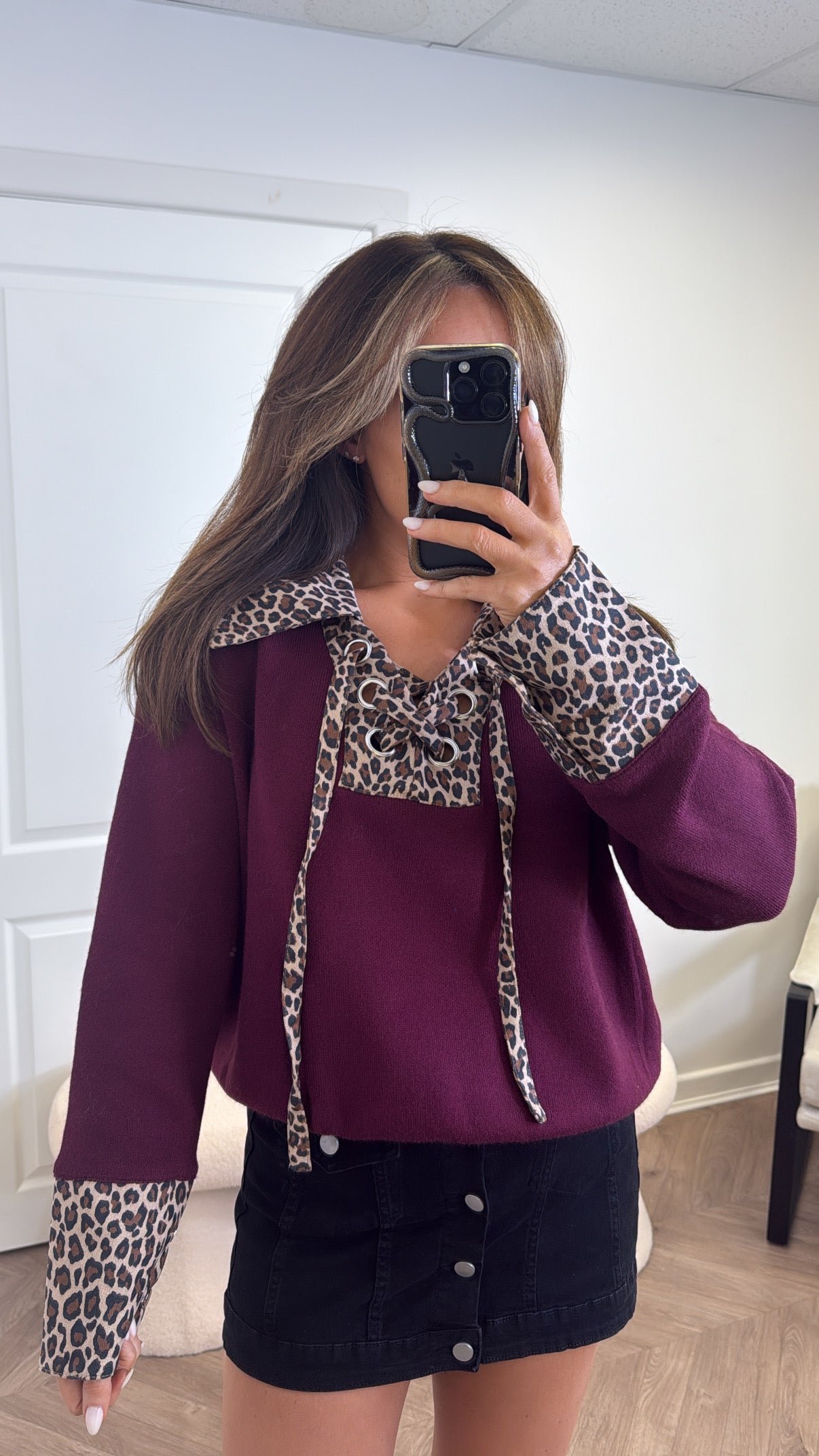 CHELSEA burgundy and leopard contrast jumper