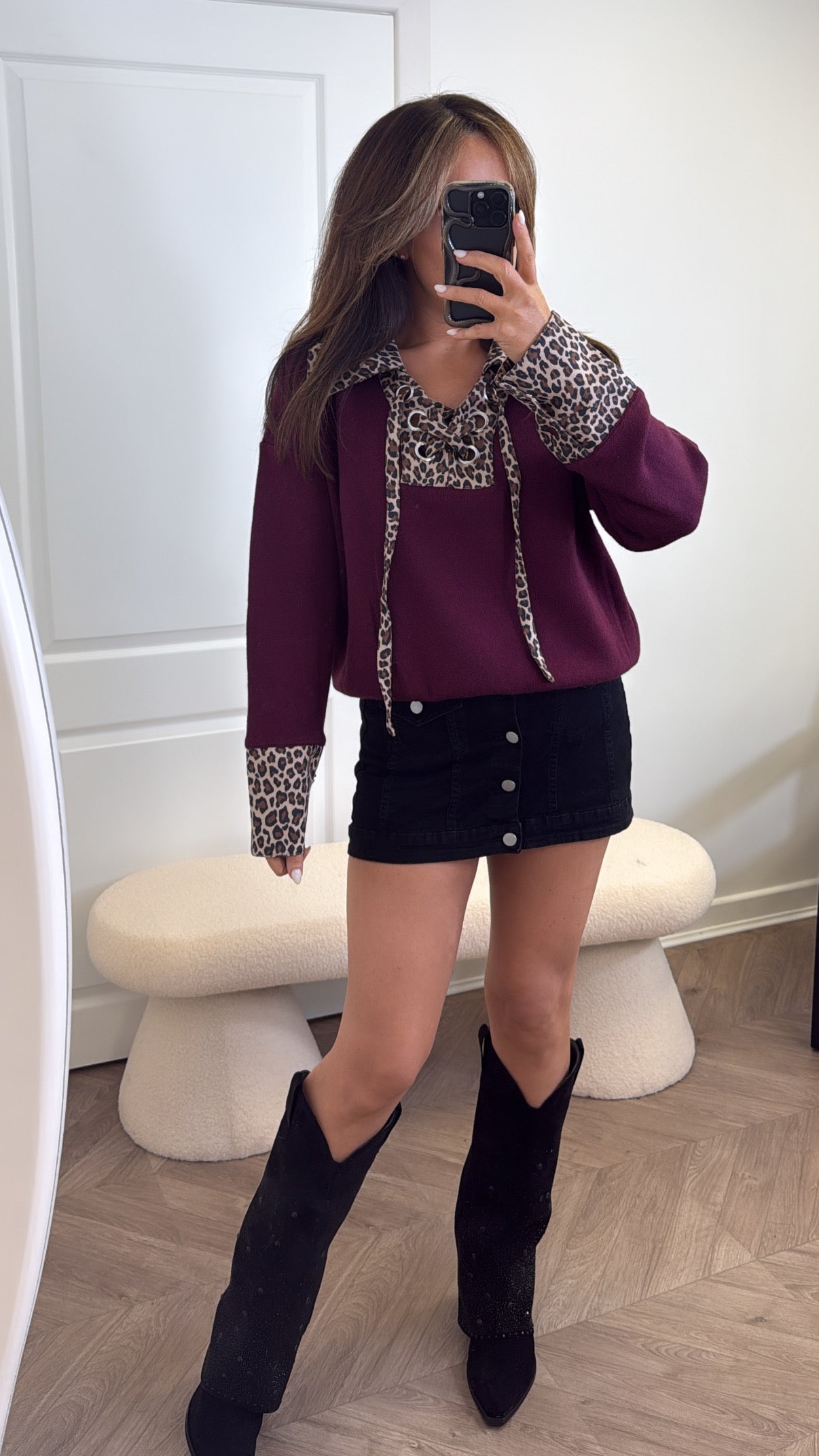 CHELSEA burgundy and leopard contrast jumper