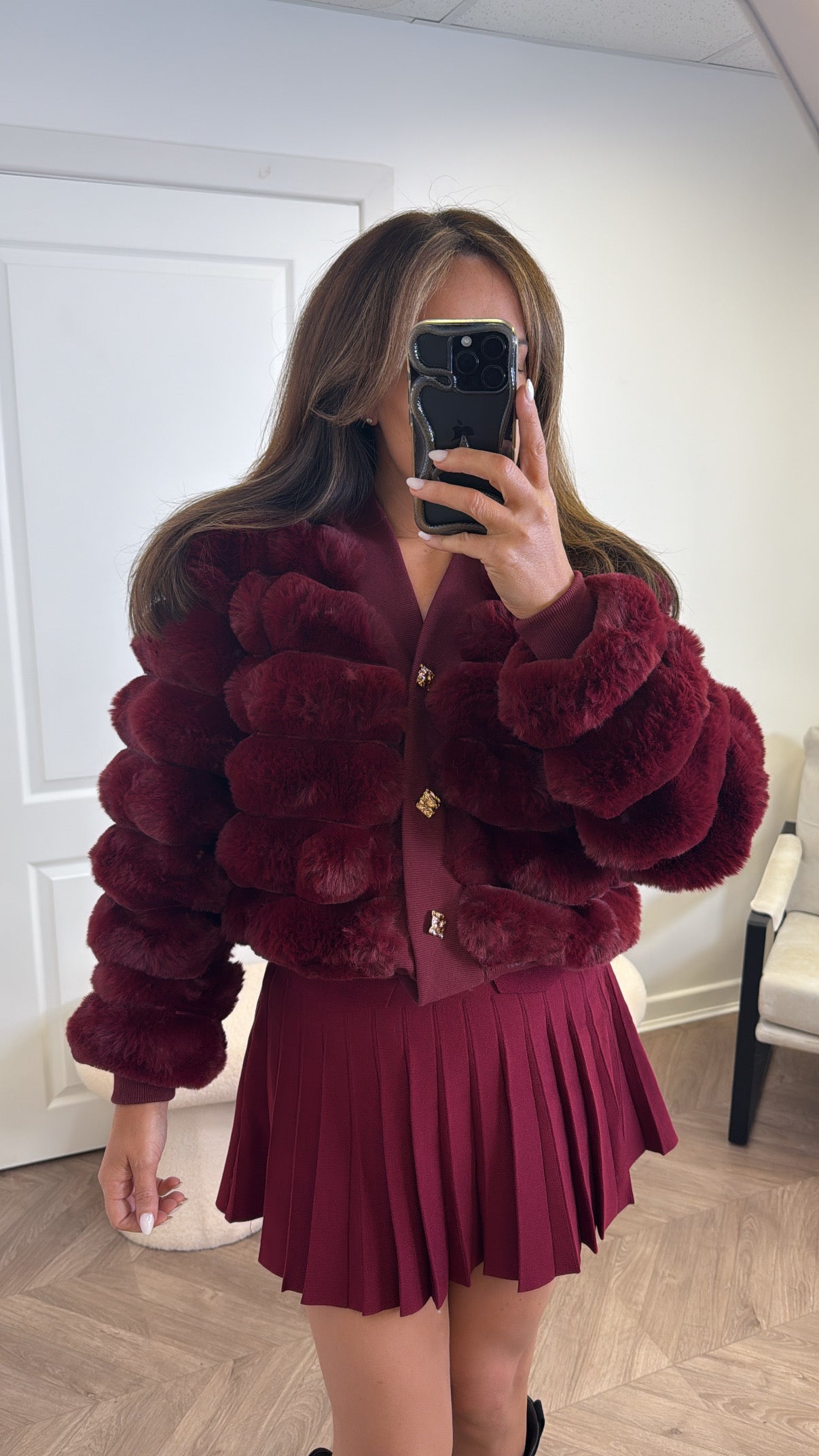 PORTIA burgundy faux fur cardigan