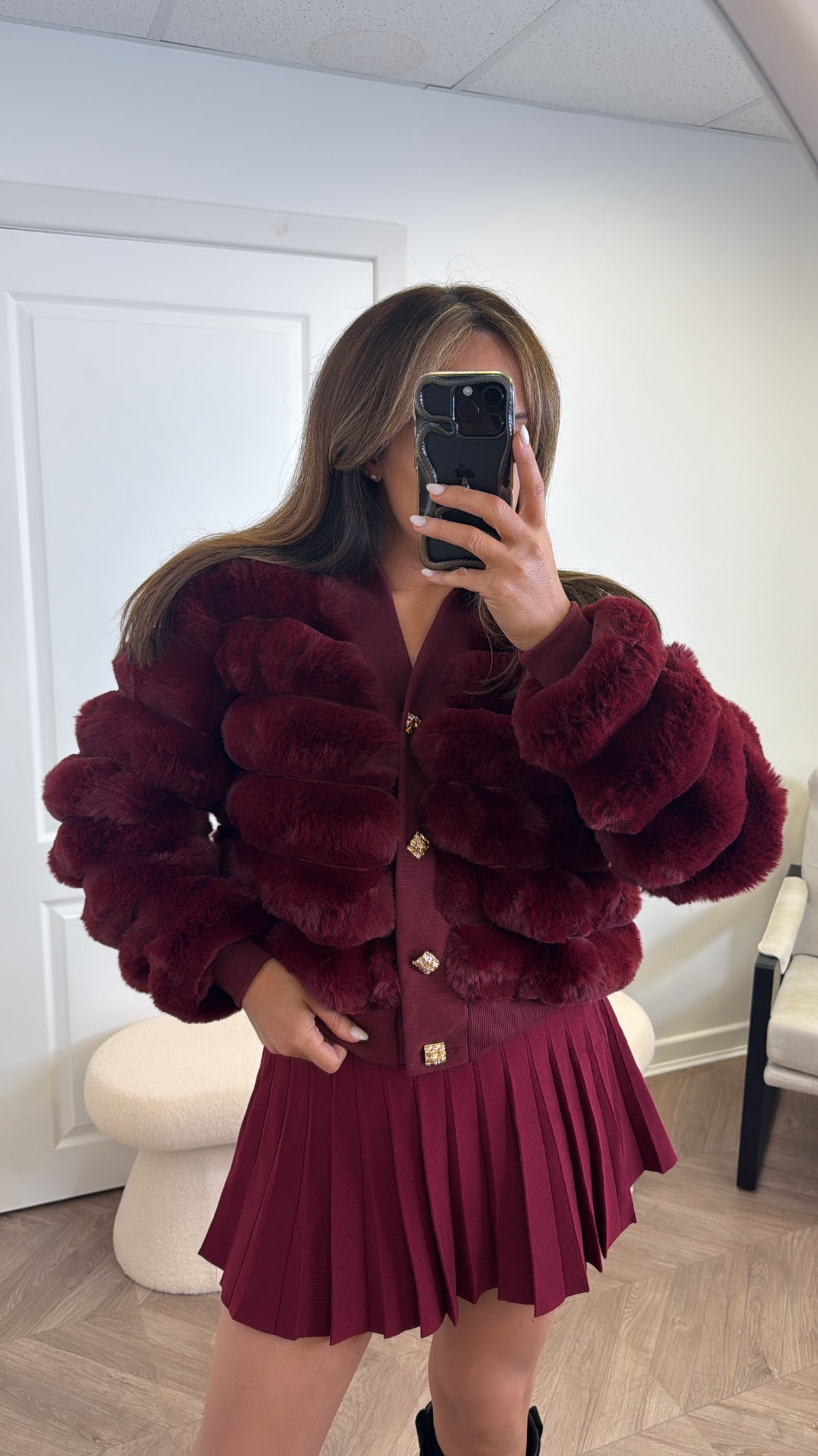 PORTIA burgundy faux fur cardigan
