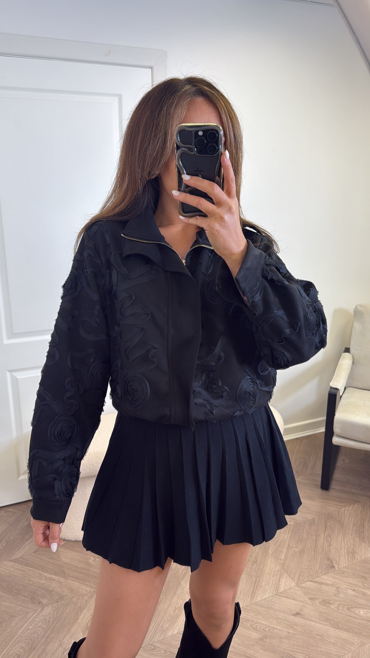 SAVANNAH black faux suede applique bomber jacket