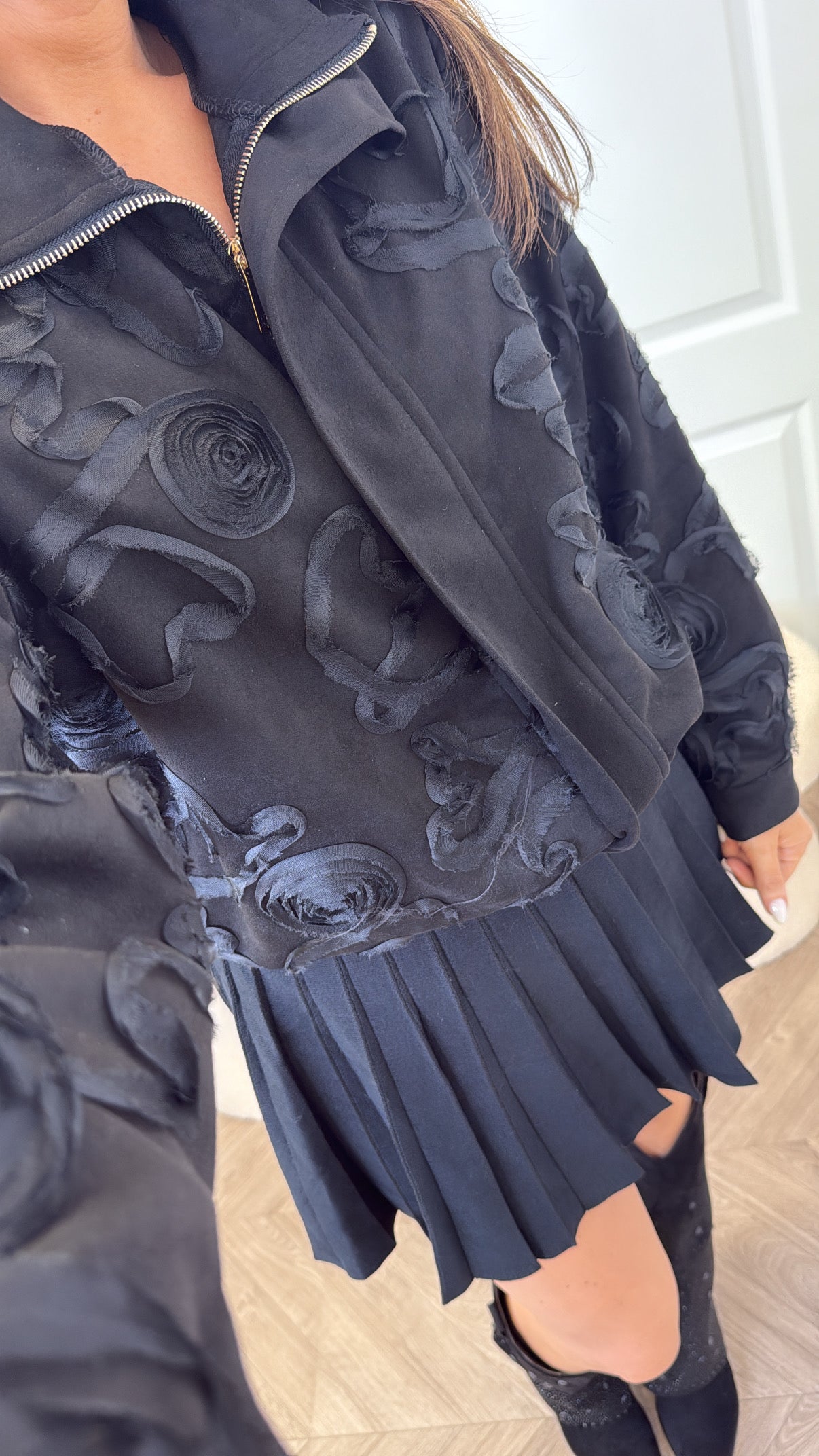 SAVANNAH black faux suede applique bomber jacket