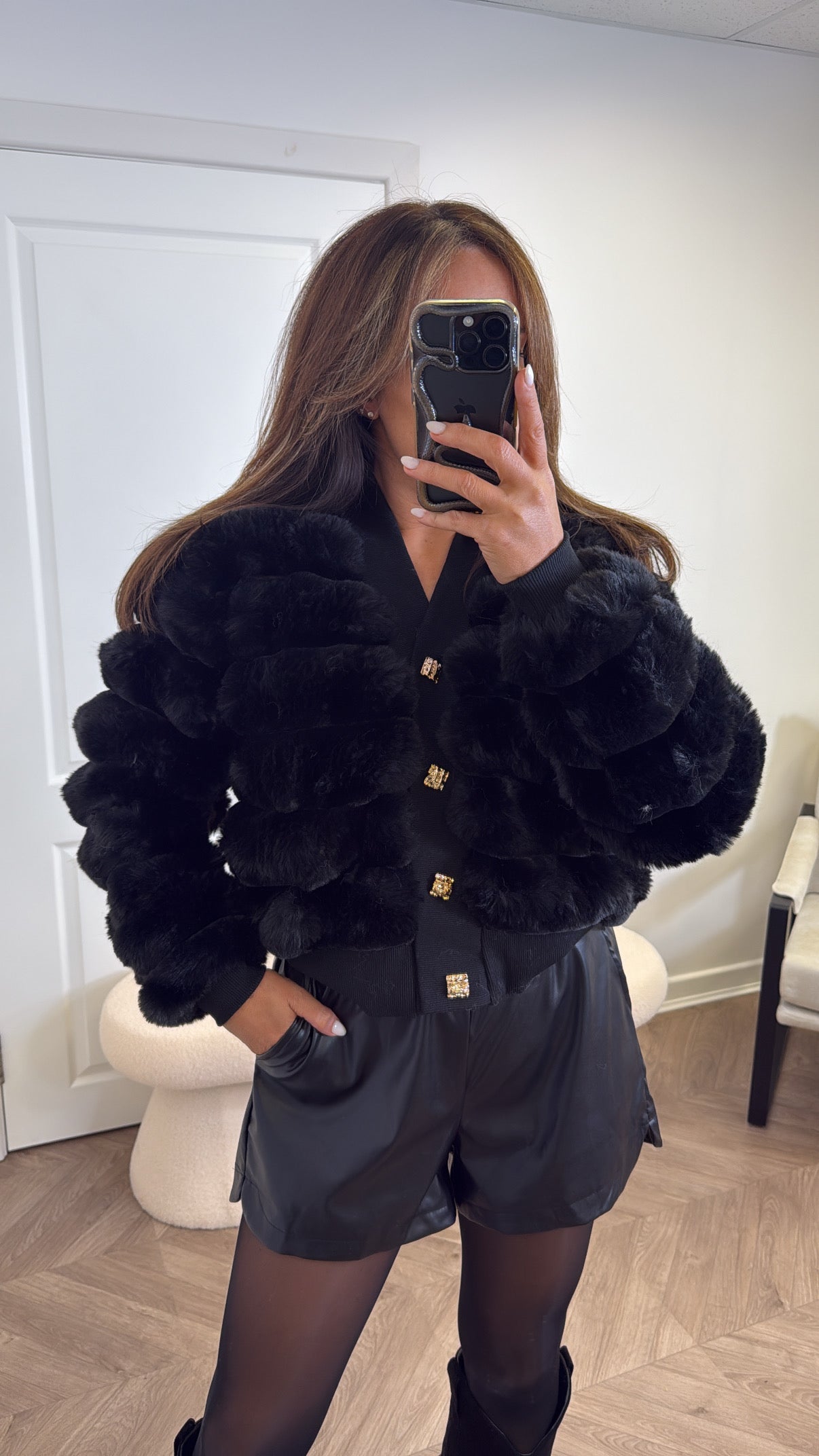 PORTIA black faux fur cardigan
