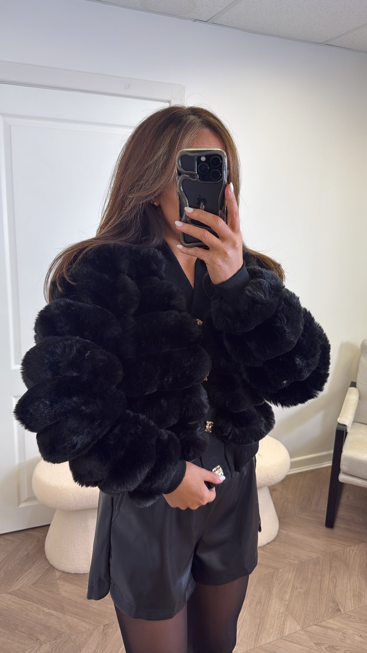 PORTIA black faux fur cardigan
