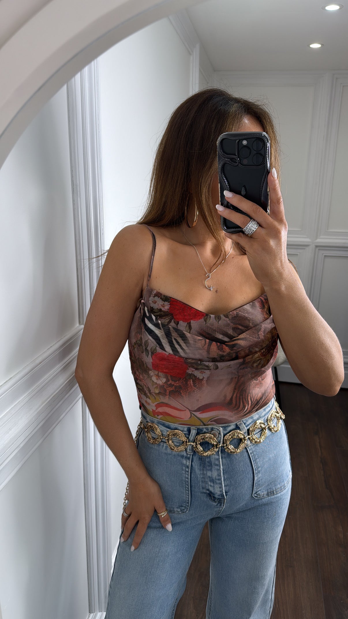 ANNA mixed print sheer cowl bodysuit