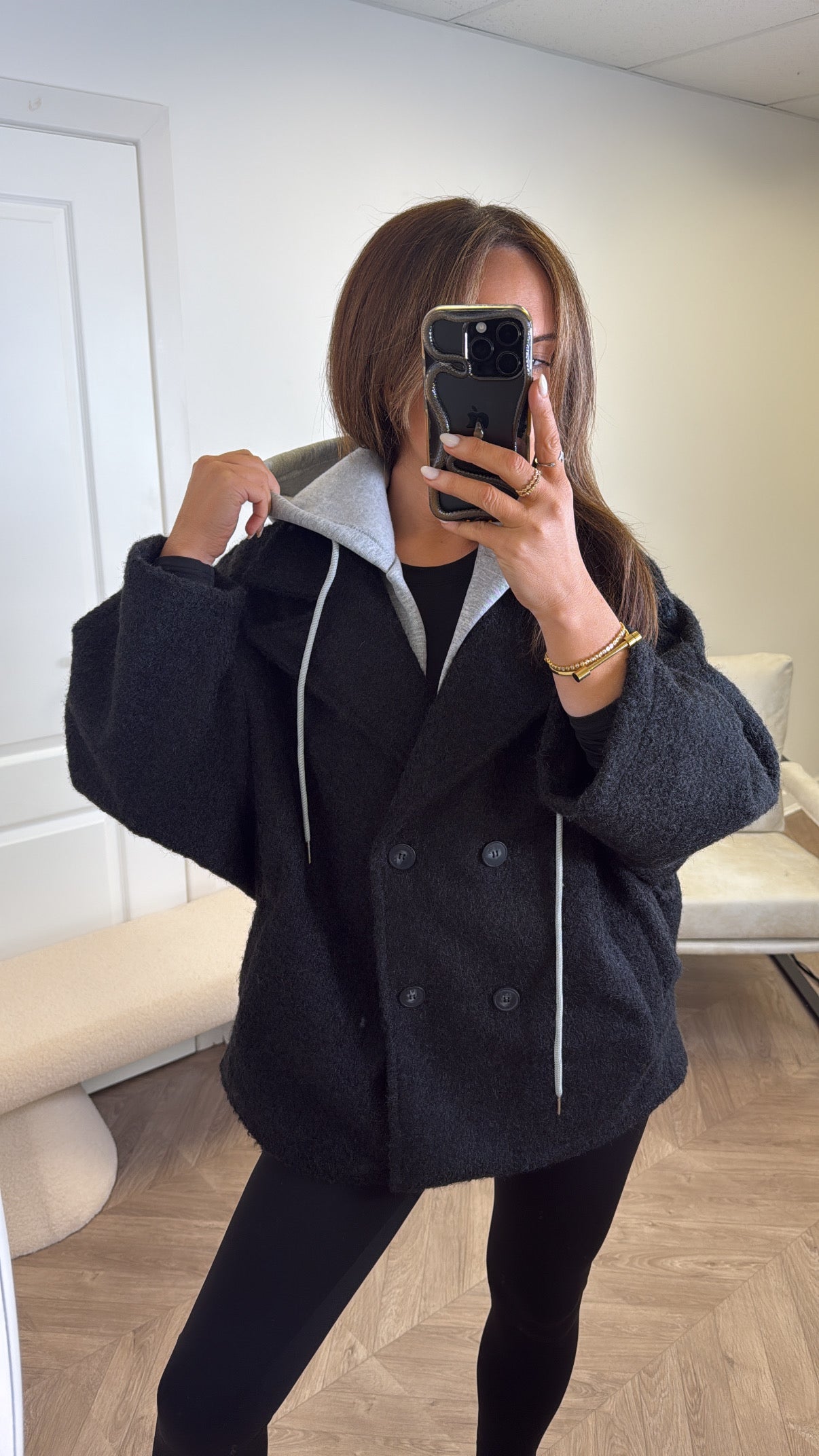 BREA black short duster jacket with integral hoody