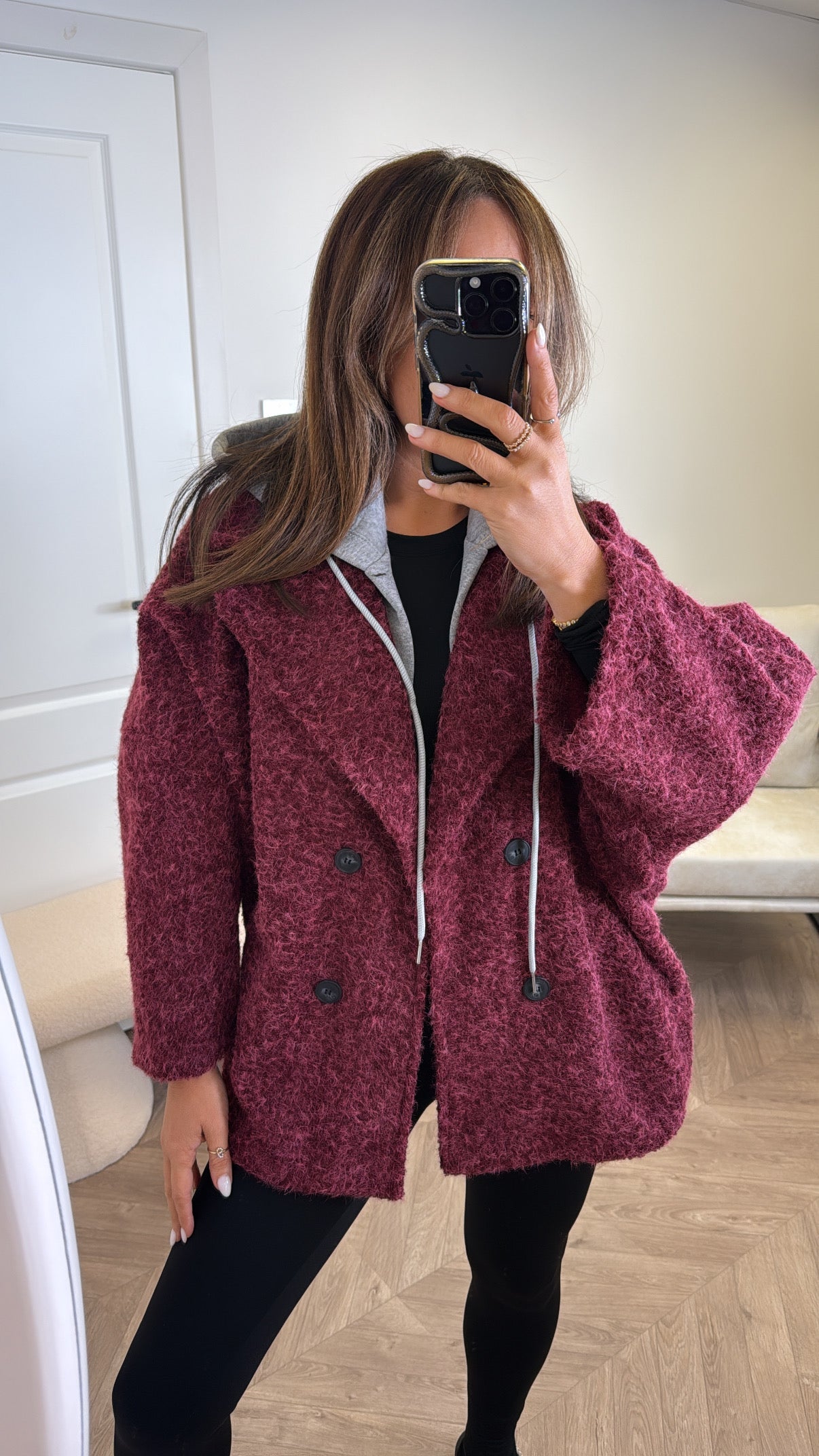 BREA burgundy short duster jacket with integral hoody