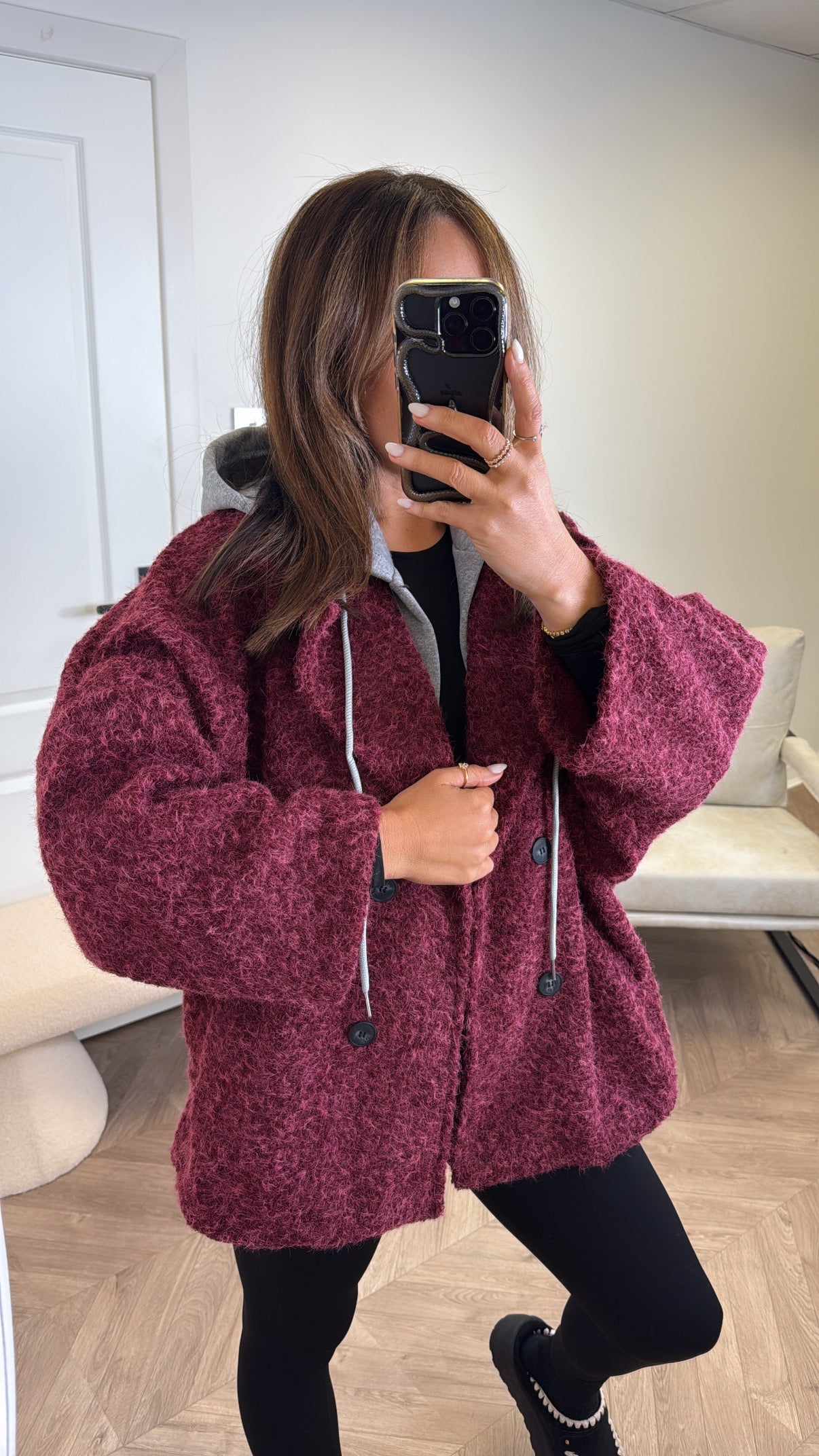 BREA burgundy short duster jacket with integral hoody