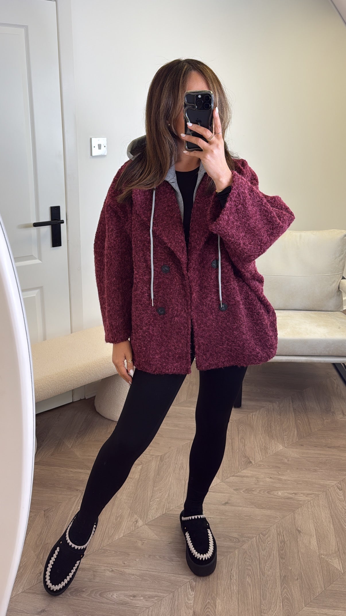 BREA burgundy short duster jacket with integral hoody