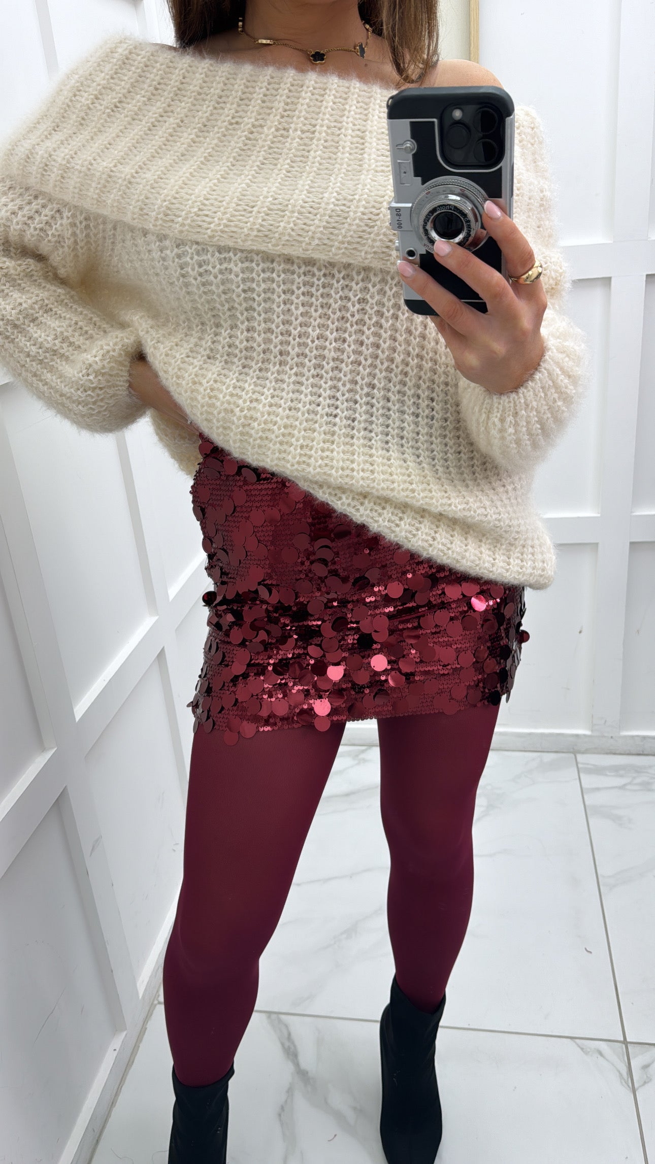 CARMELLA Burgundy Disc Sequin Mini Skirt