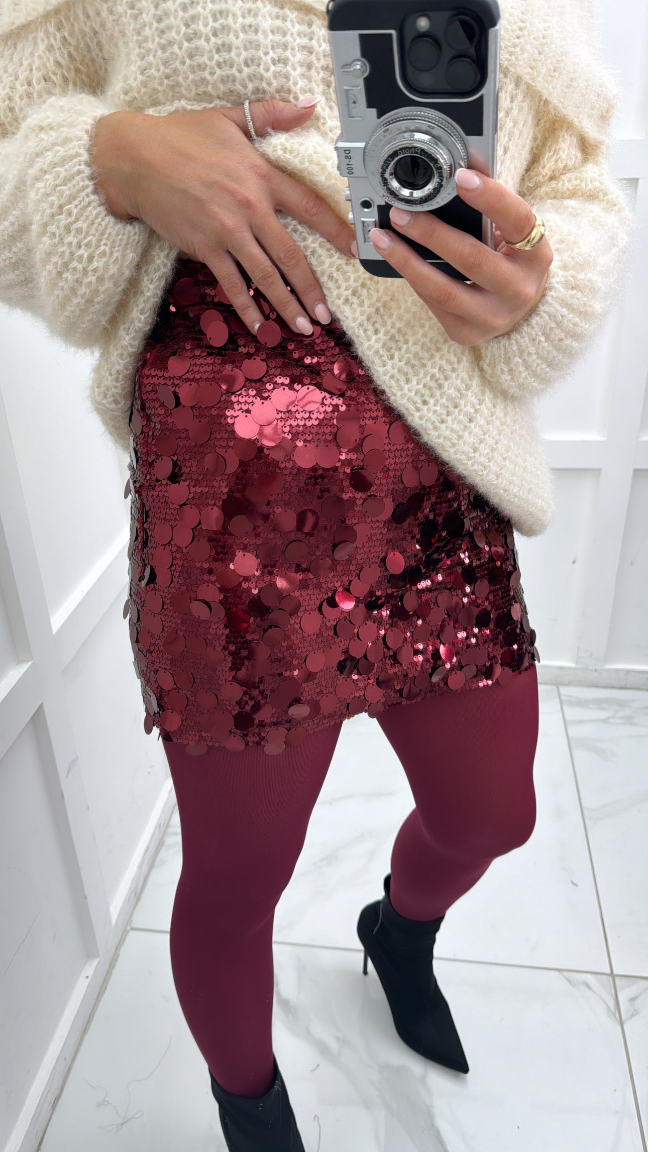 CARMELLA Burgundy Disc Sequin Mini Skirt