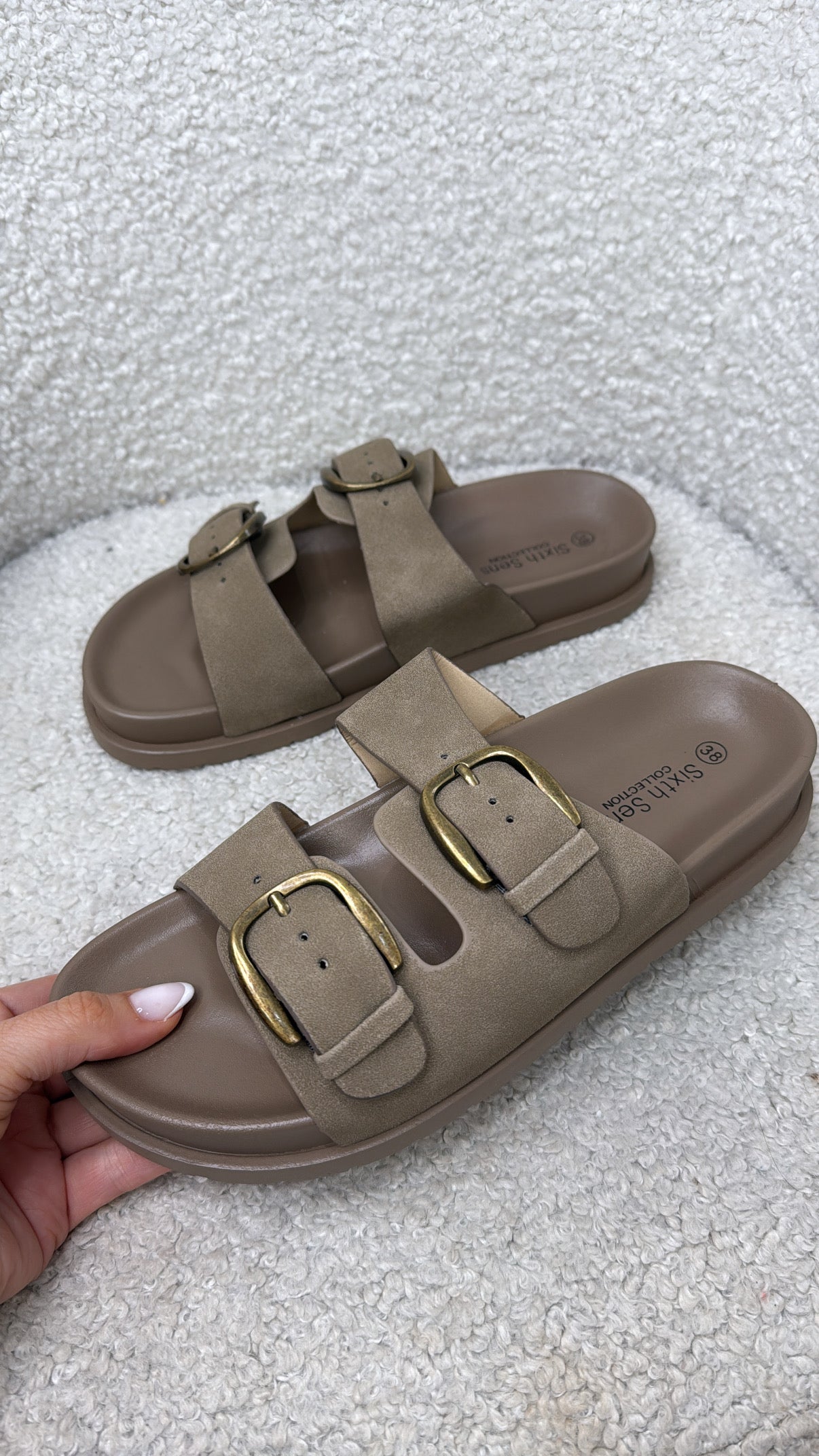 THEA taupe double strap sliders