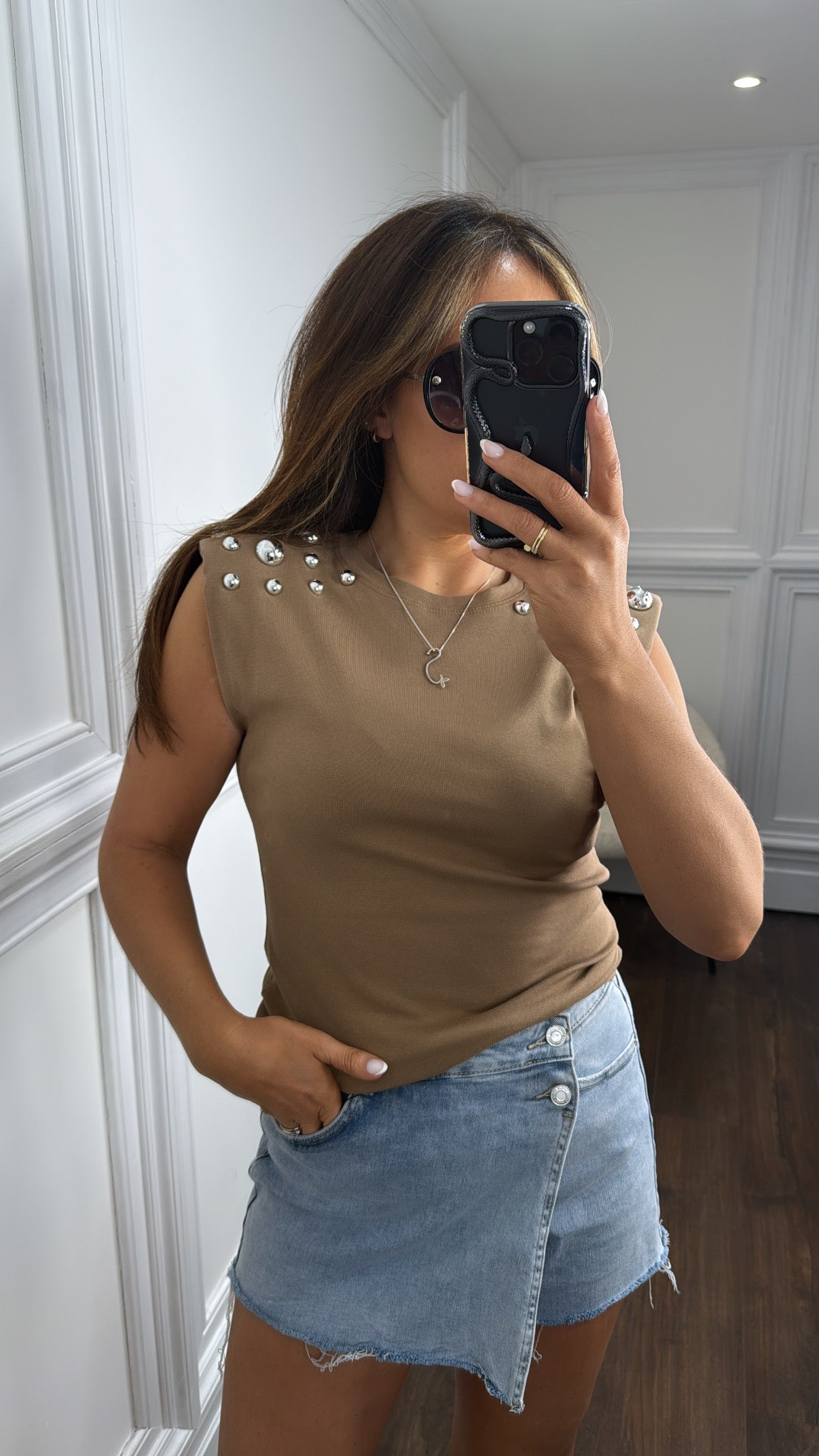 KAYA camel stud detail shoulder pad top
