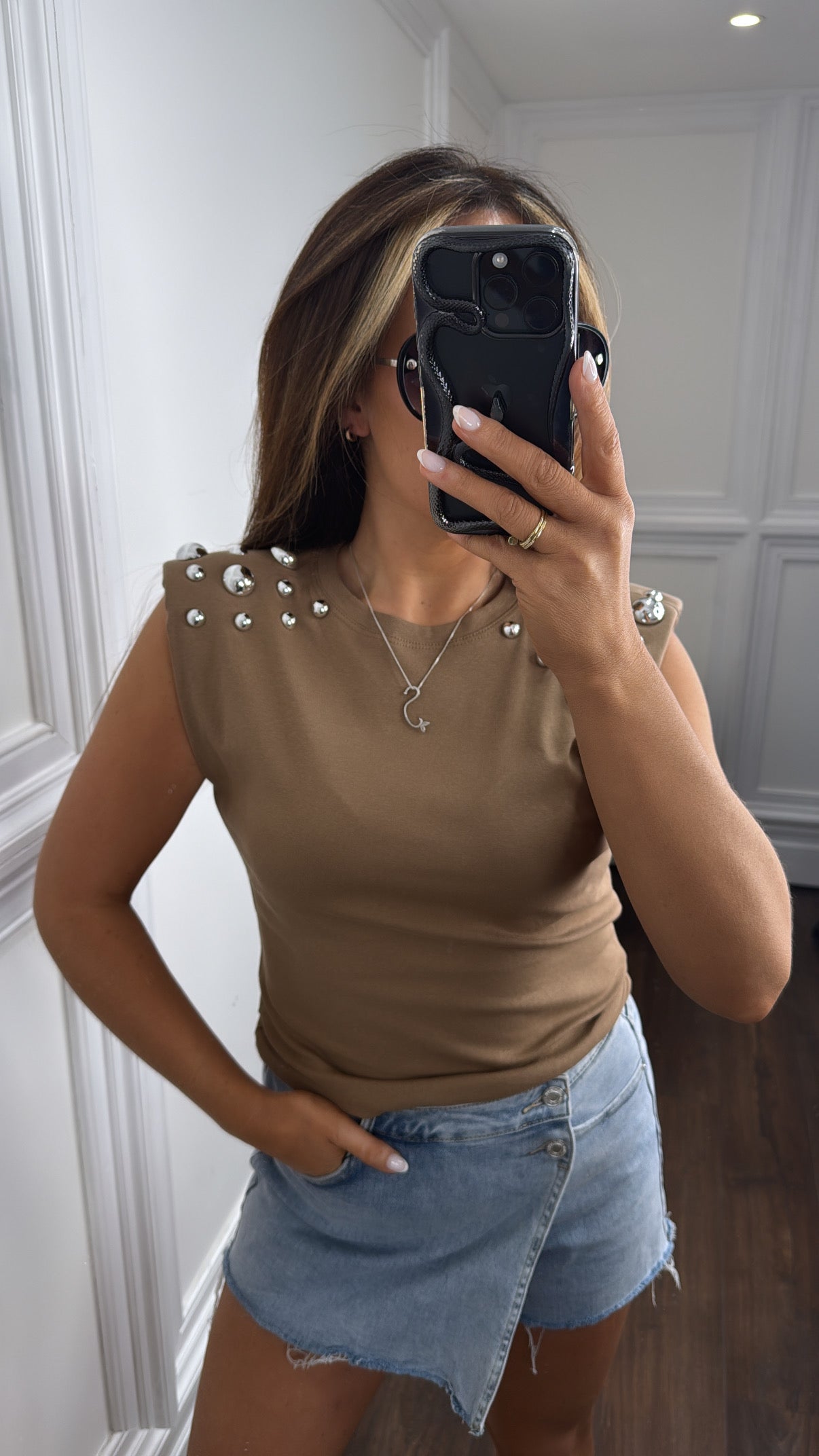 KAYA camel stud detail shoulder pad top
