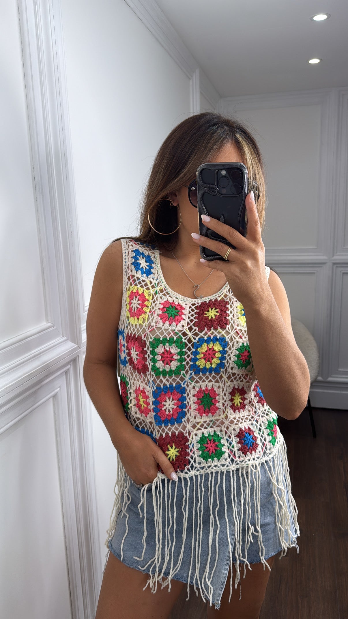 PENELOPE beige crochet detail vest top