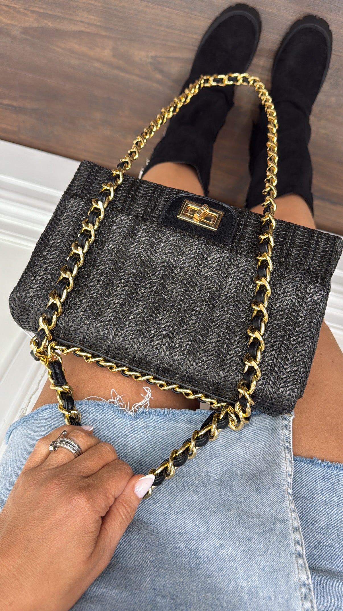 TINA black woven shoulder bag