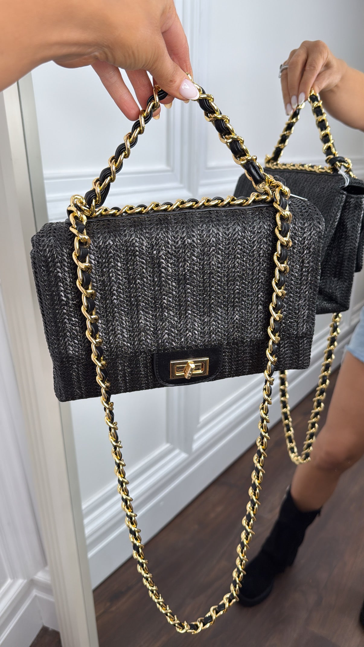 TINA black woven shoulder bag