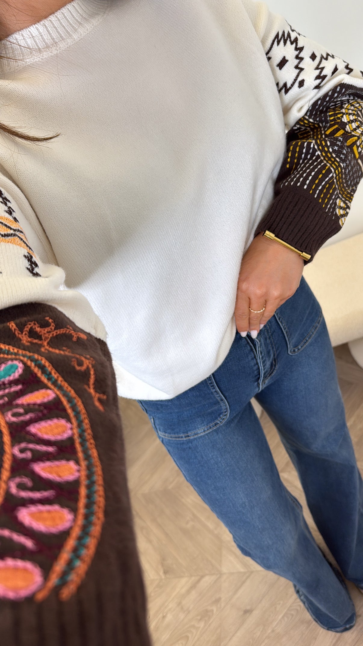 FRANCESCA cream jumper with brown aztec embroidered sleeves