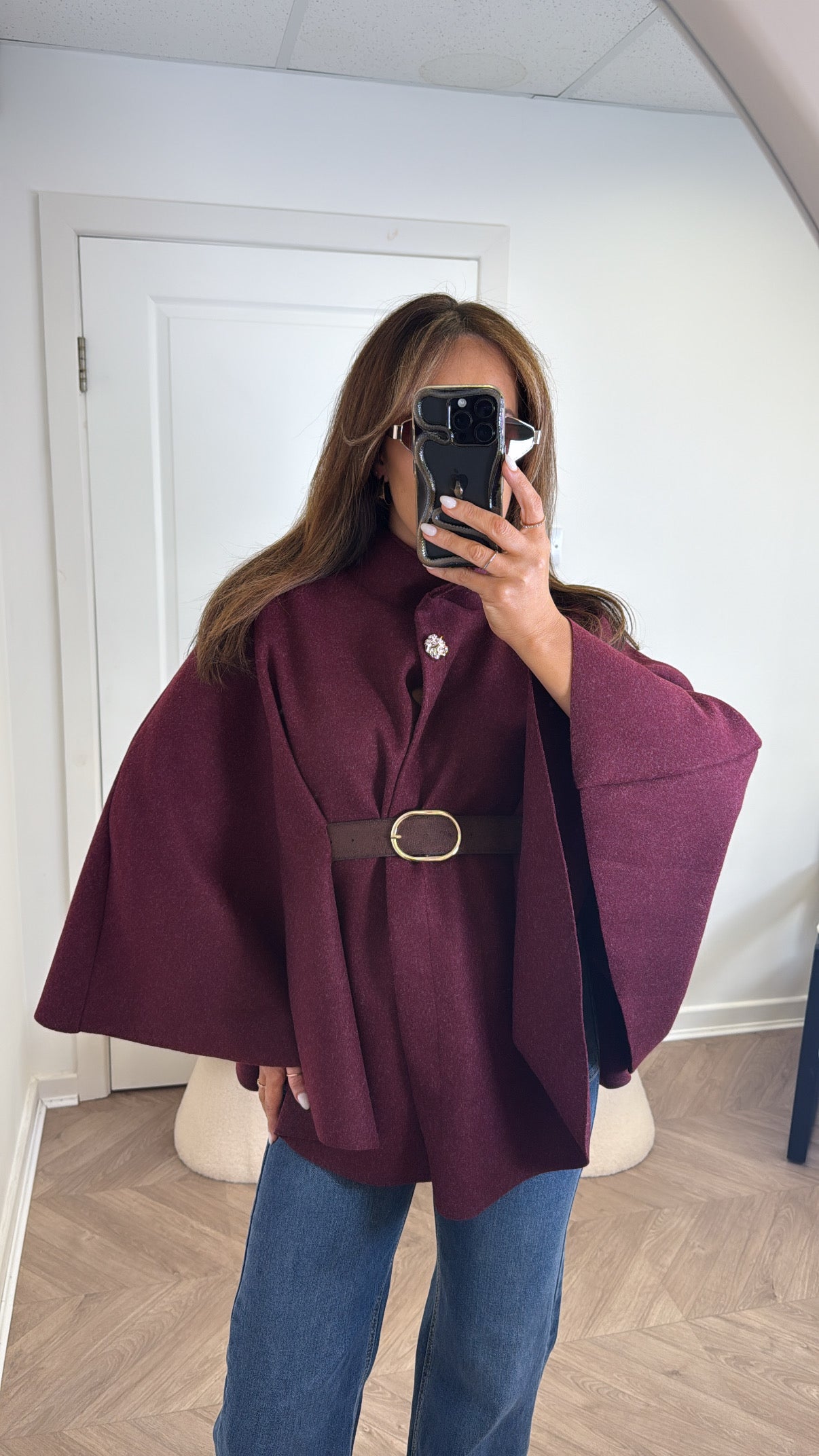 ALEXANDRA burgundy belted cape jacket
