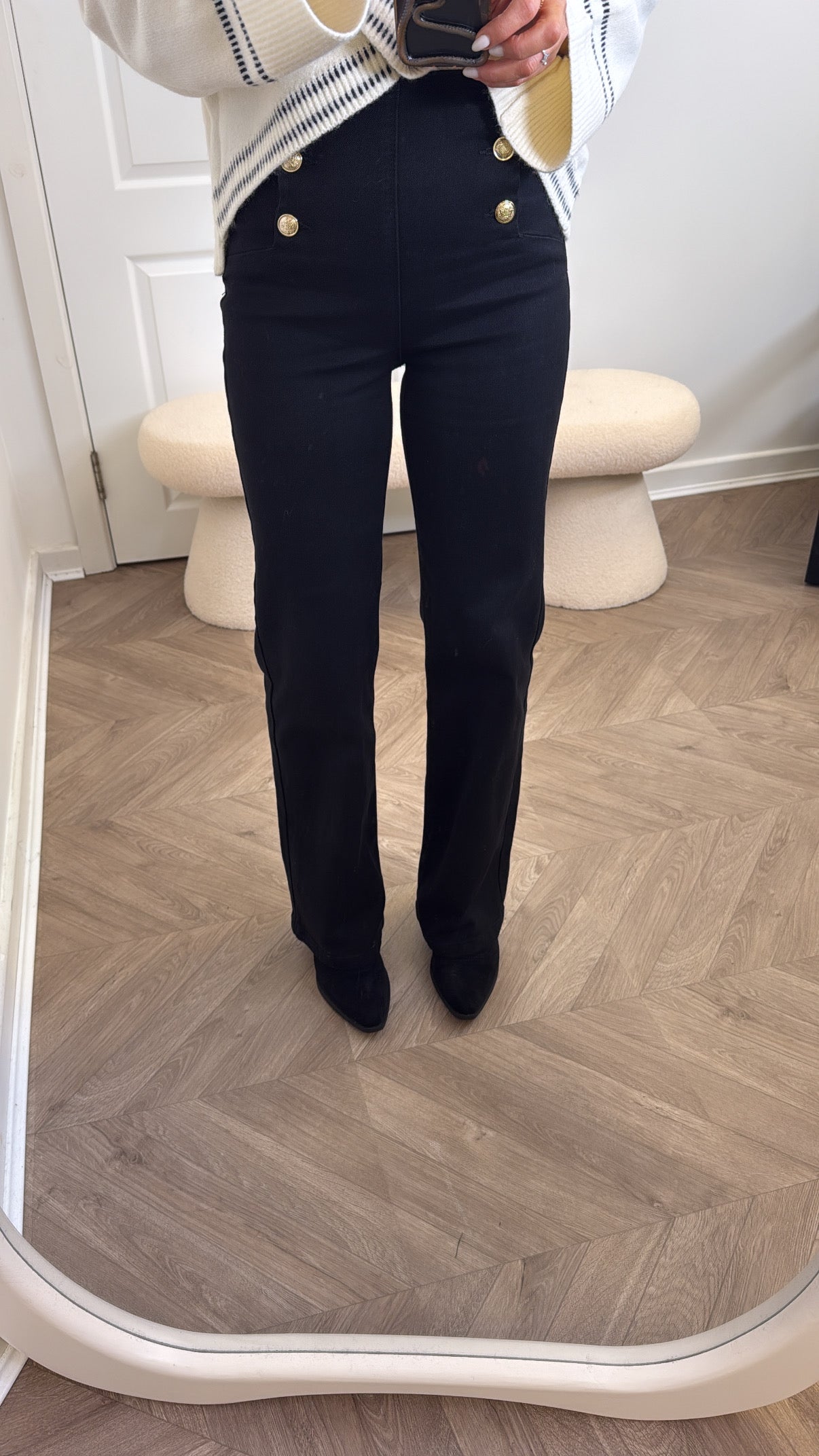 ISABELLE black stretchy flare jeans with gold button detail