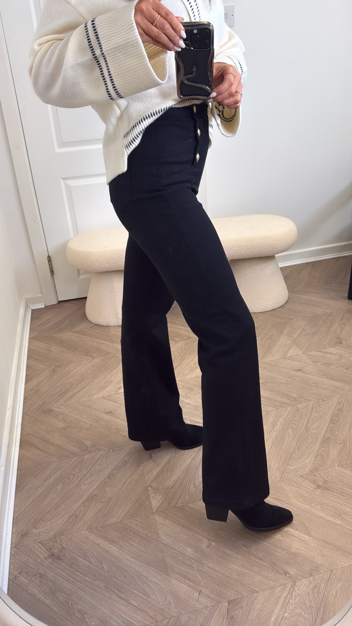 ISABELLE black stretchy flare jeans with gold button detail