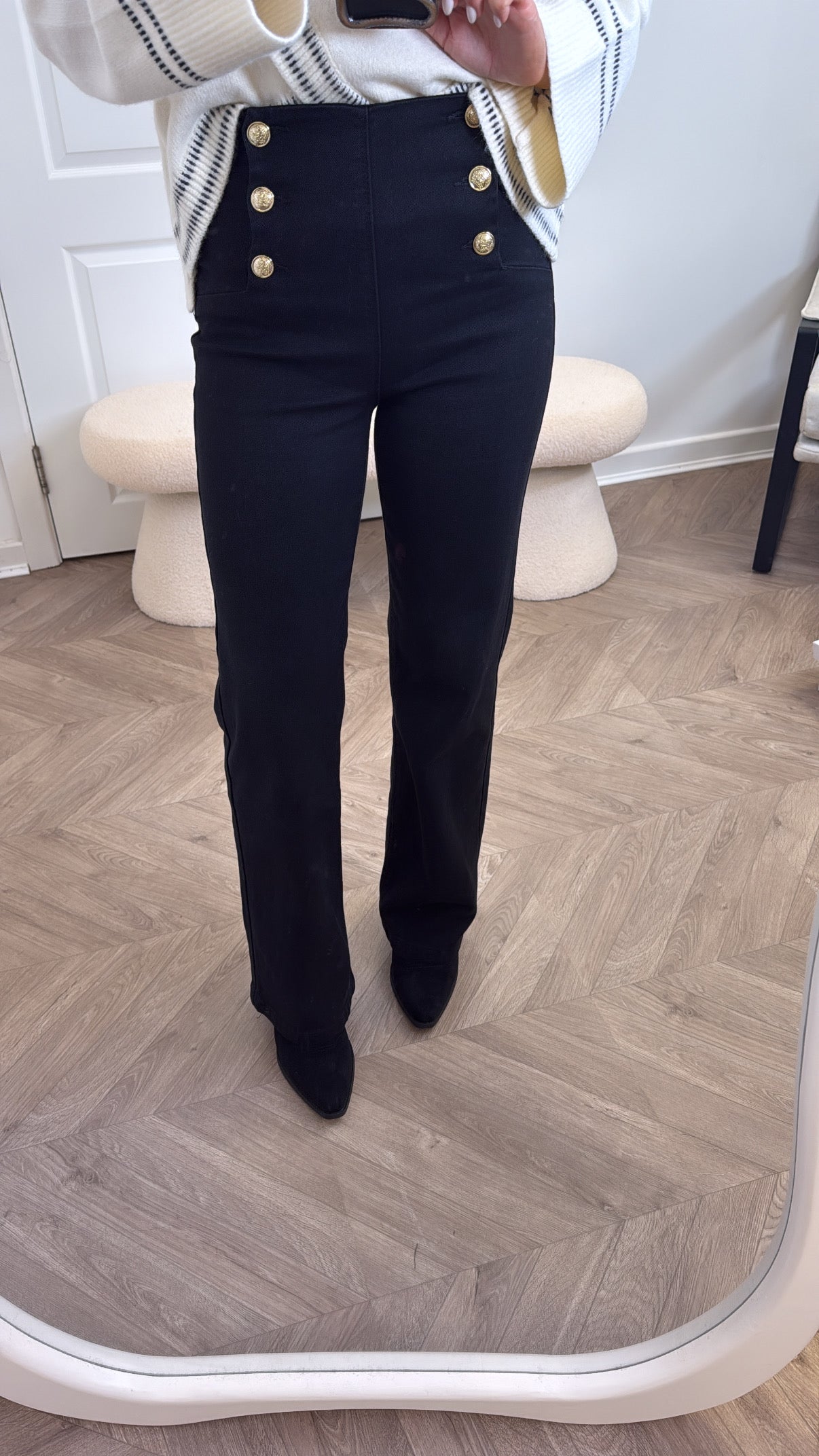 ISABELLE black stretchy flare jeans with gold button detail