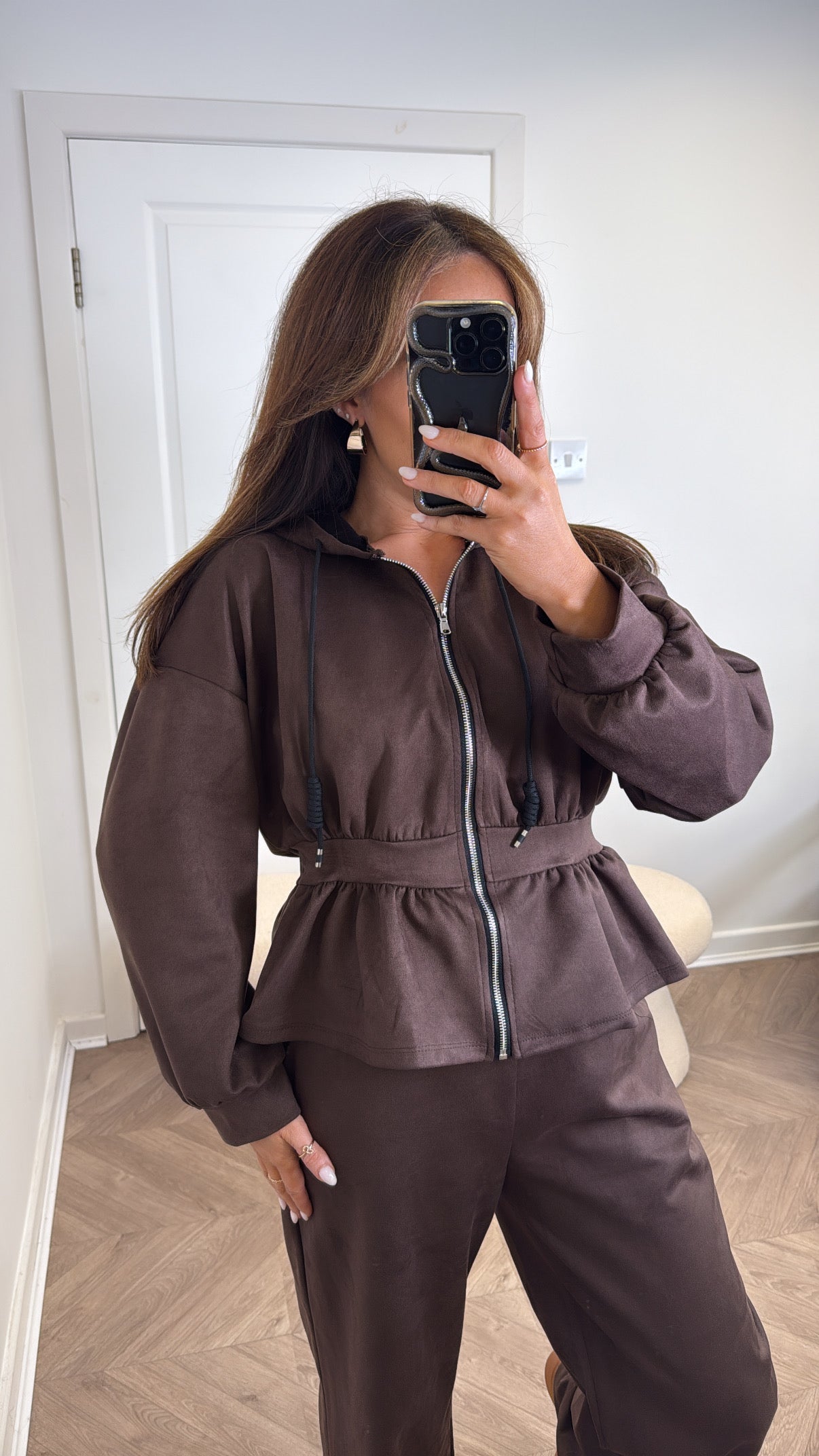 THEA brown faux suede peplum hoody co-ord