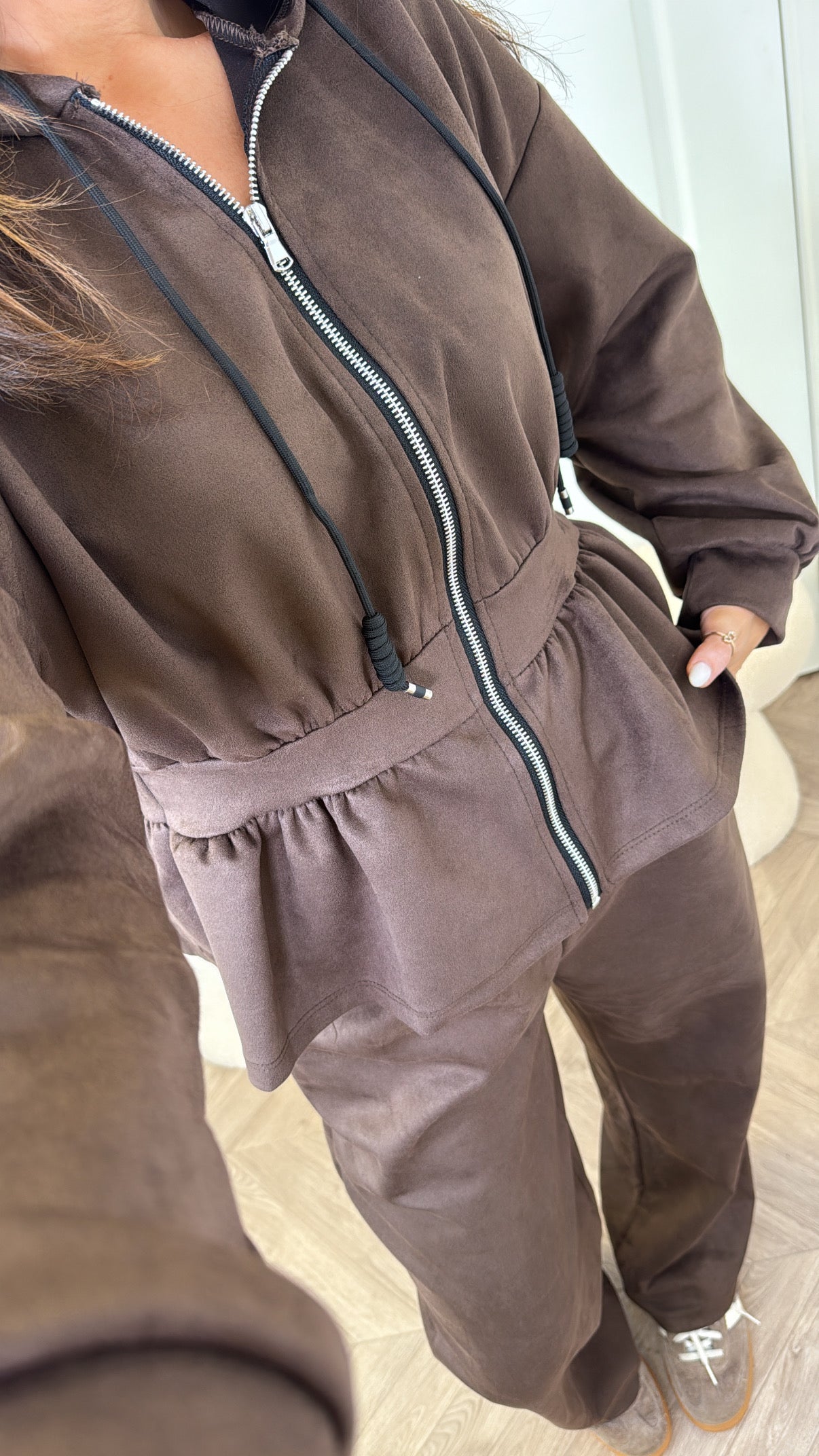 THEA brown faux suede peplum hoody co-ord