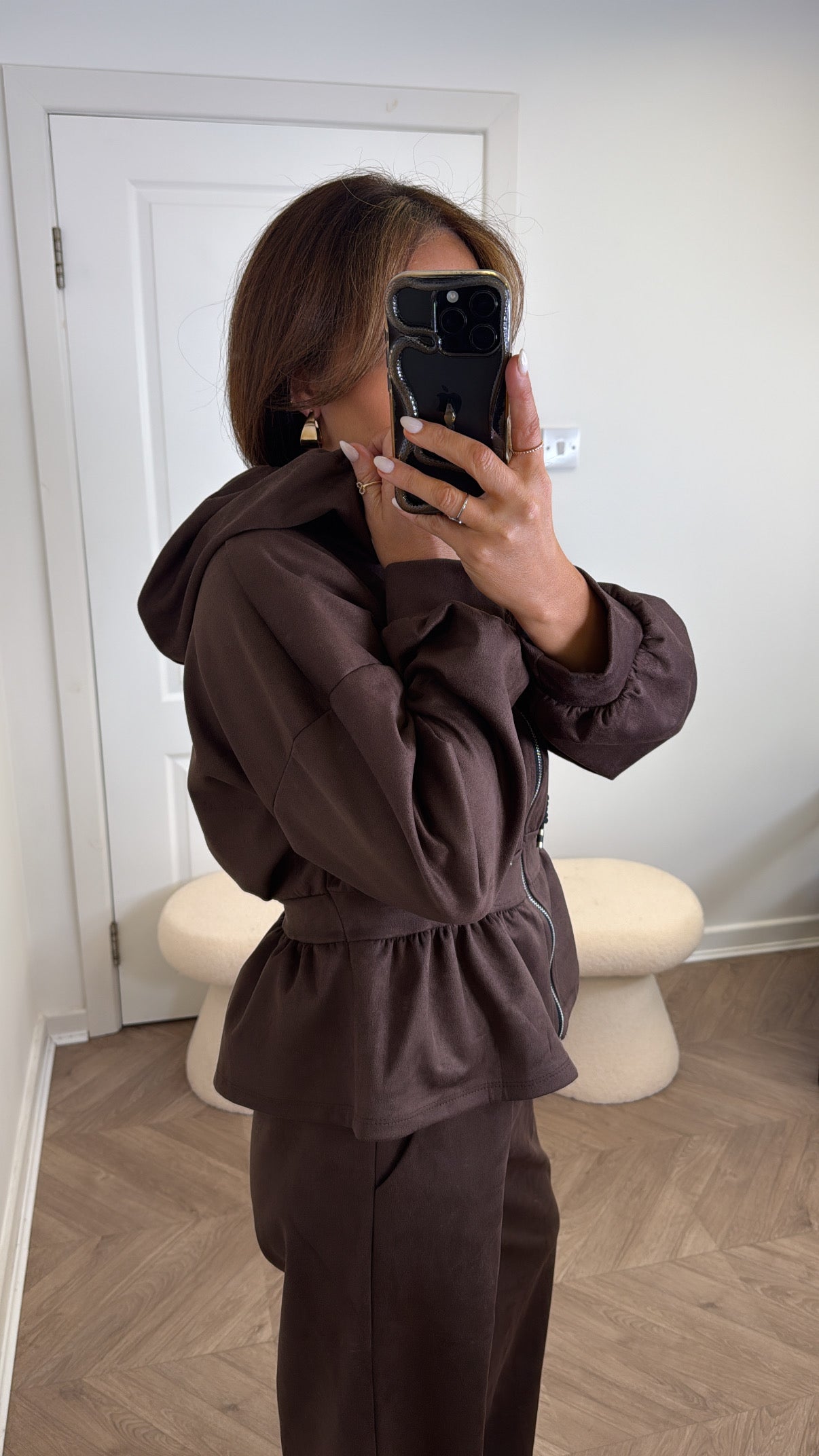 THEA brown faux suede peplum hoody co-ord