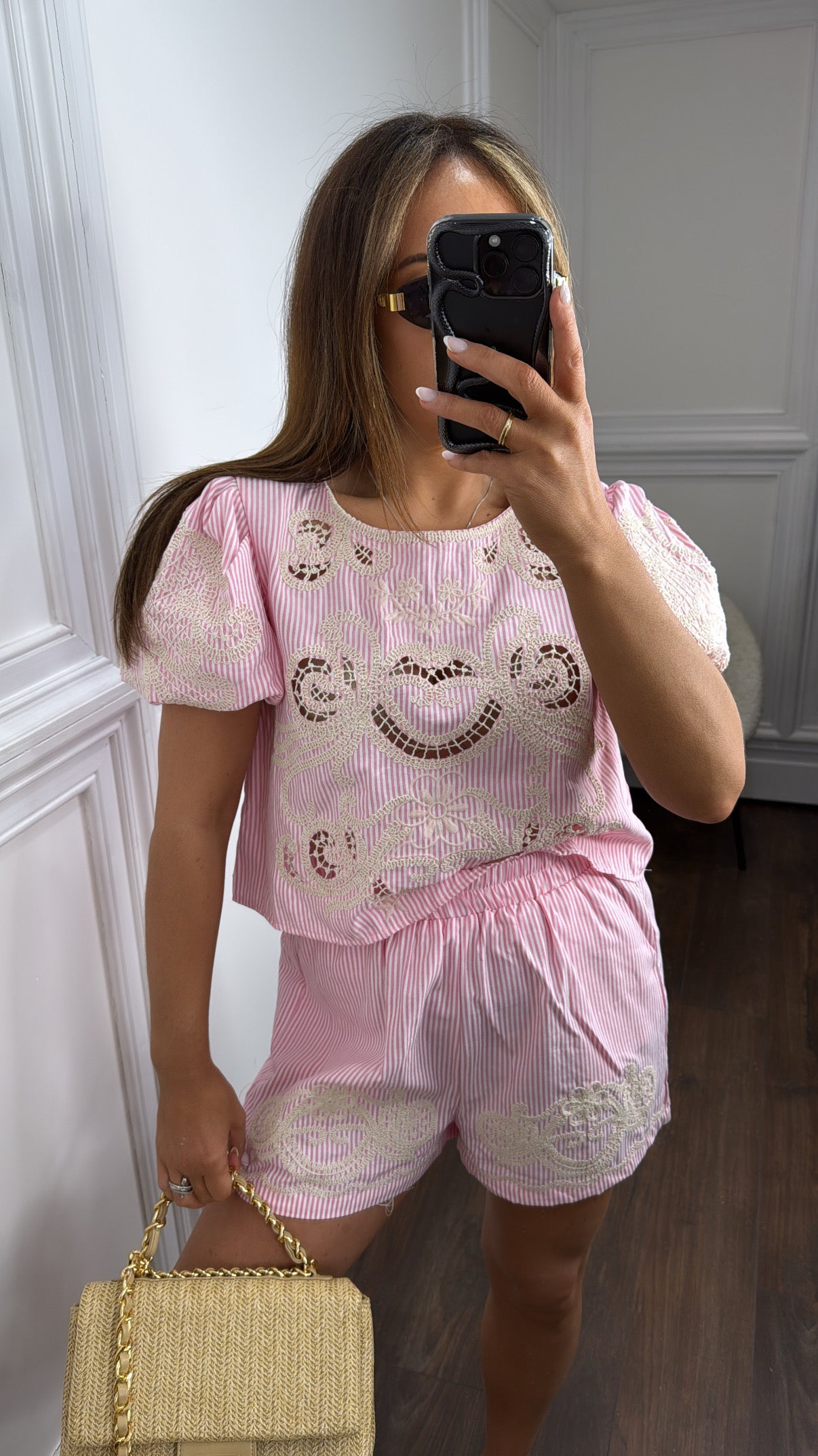 ANNALISE pink stripe embroidered top and shorts co-ord
