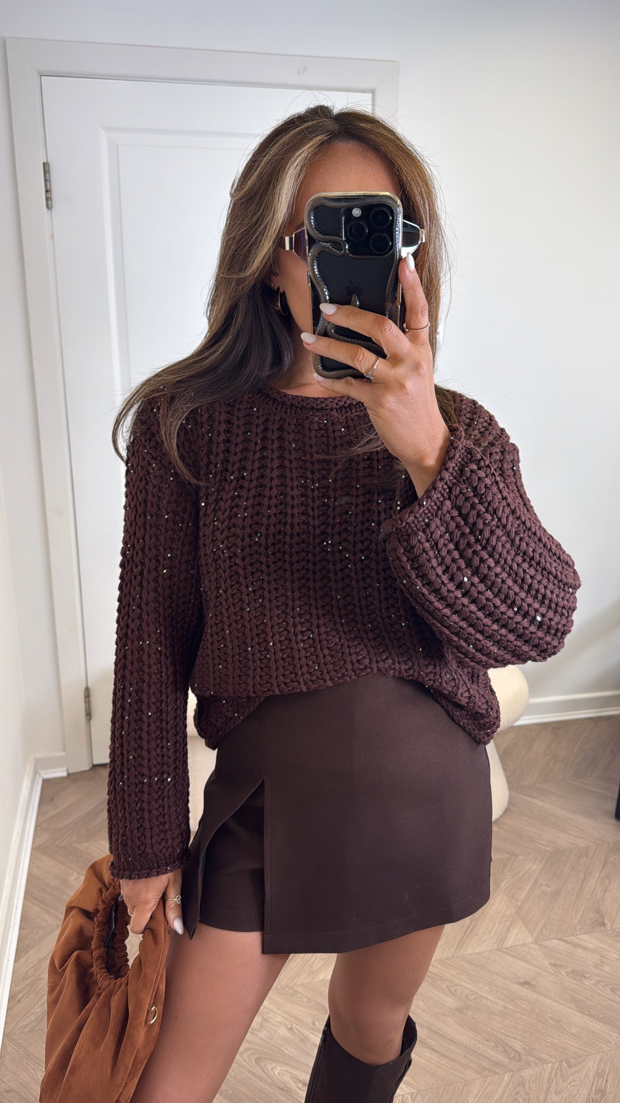 DARBY brown chunky knit jumper with sequin accents