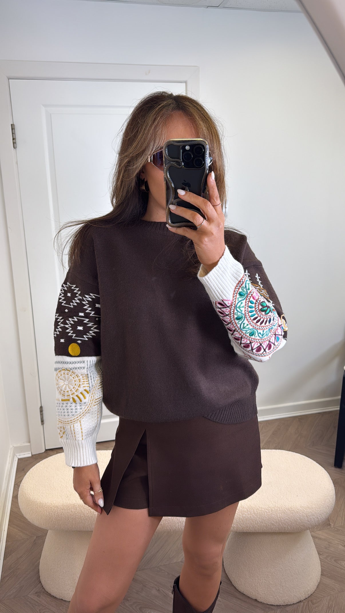 FRANCESCA brown jumper with cream aztec embroidered sleeves