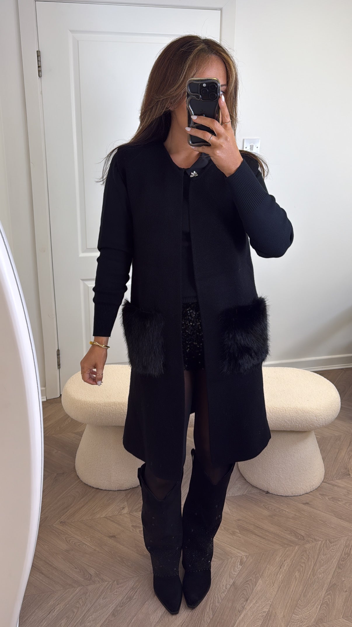 DAISY black super soft sleeveless cardigan with faux fur
