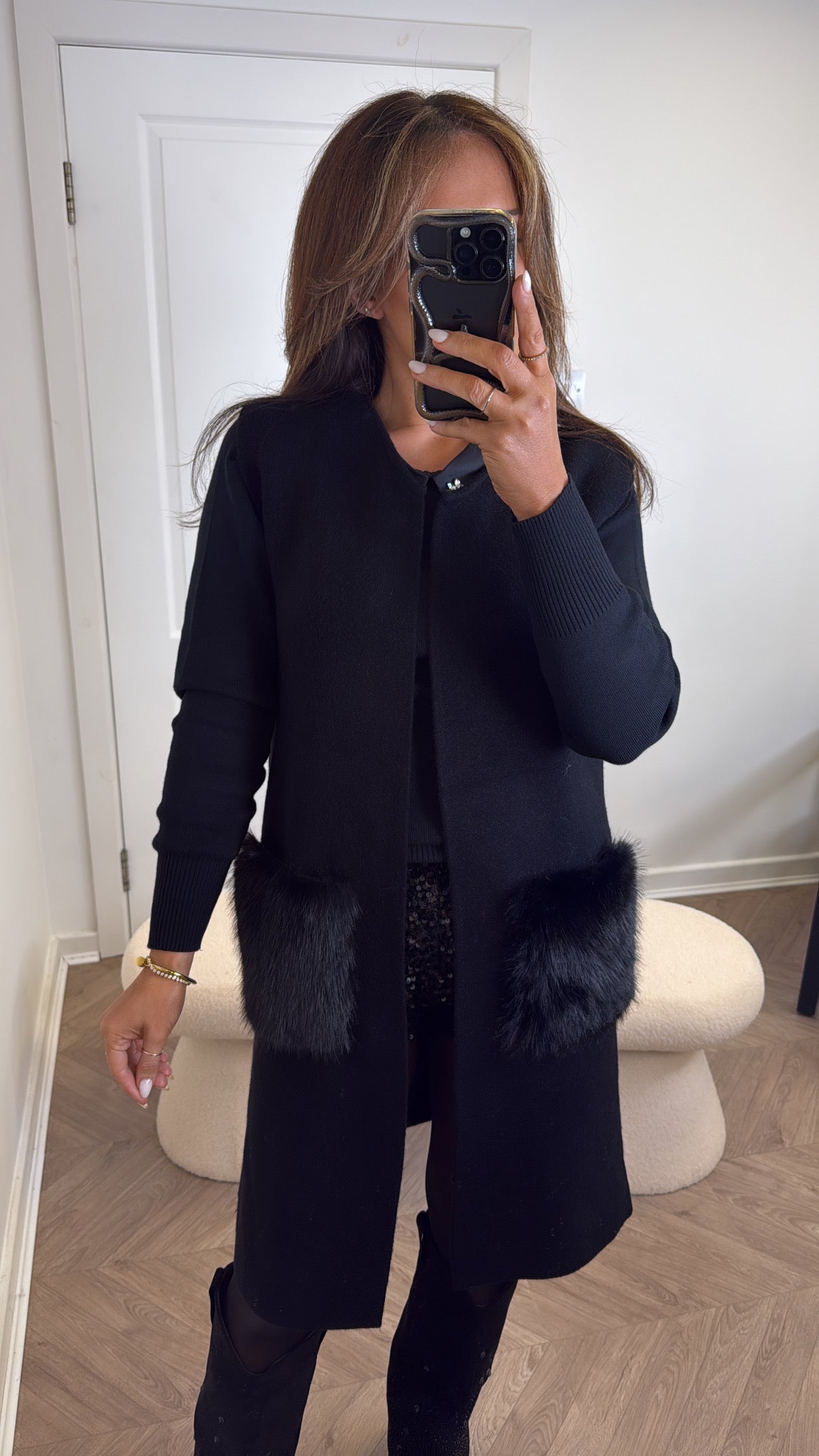 DAISY black super soft sleeveless cardigan with faux fur